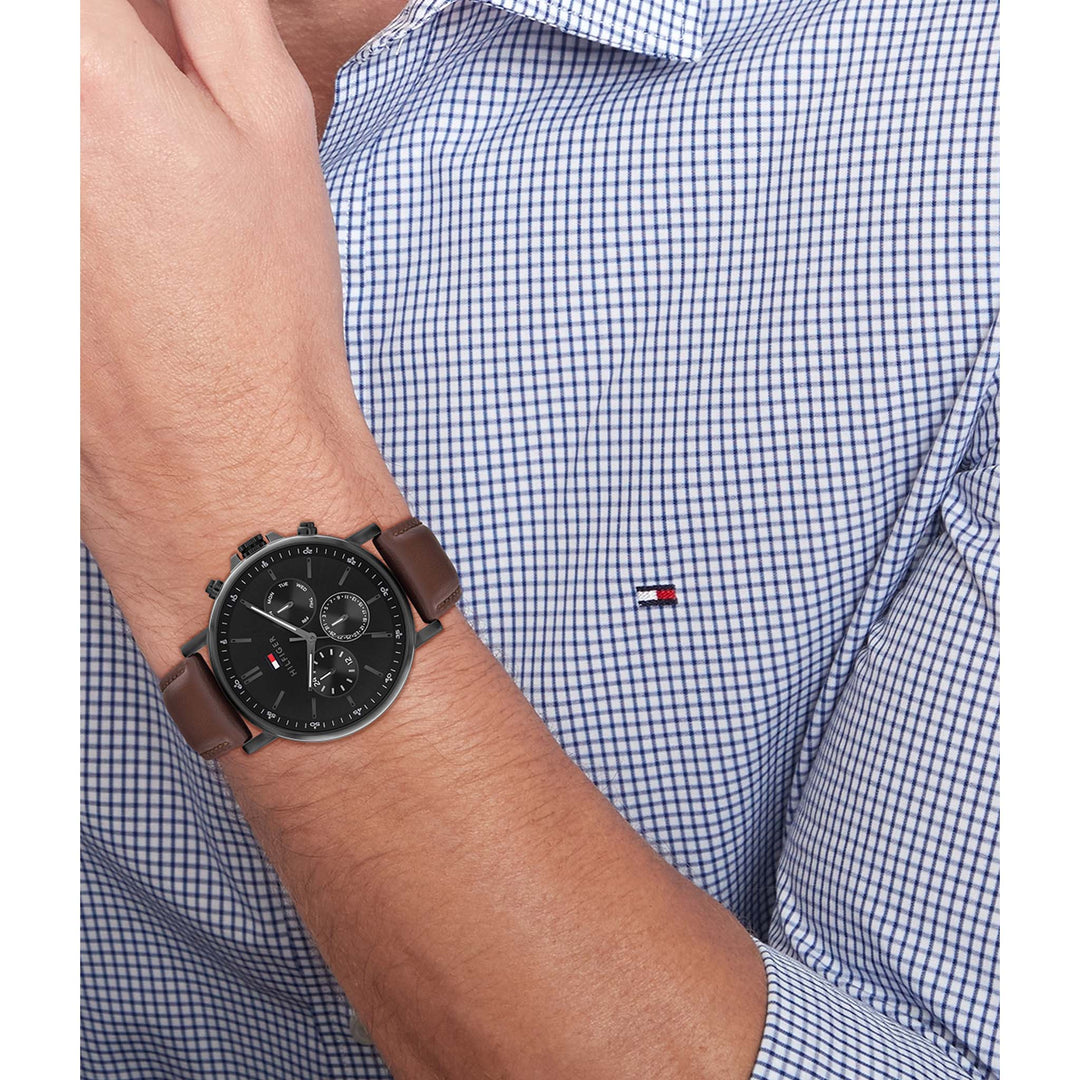 Tommy Hilfiger Dark Brown Leather Black Dial Multi-function Men's Watch - 1710704
