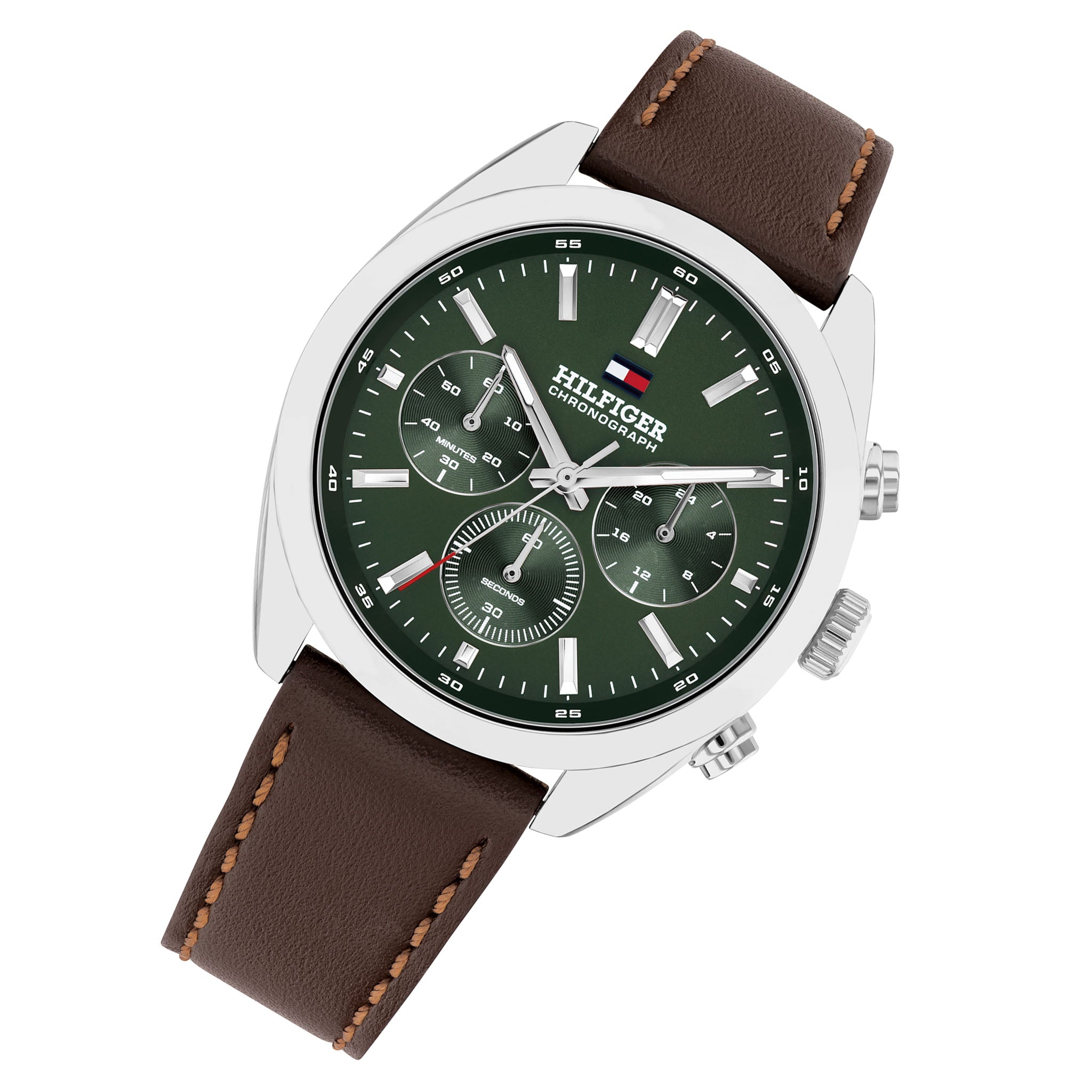 Tommy Hilfiger Brown Leather Forest Green Dial Chronograph Men's Watch - 1710719