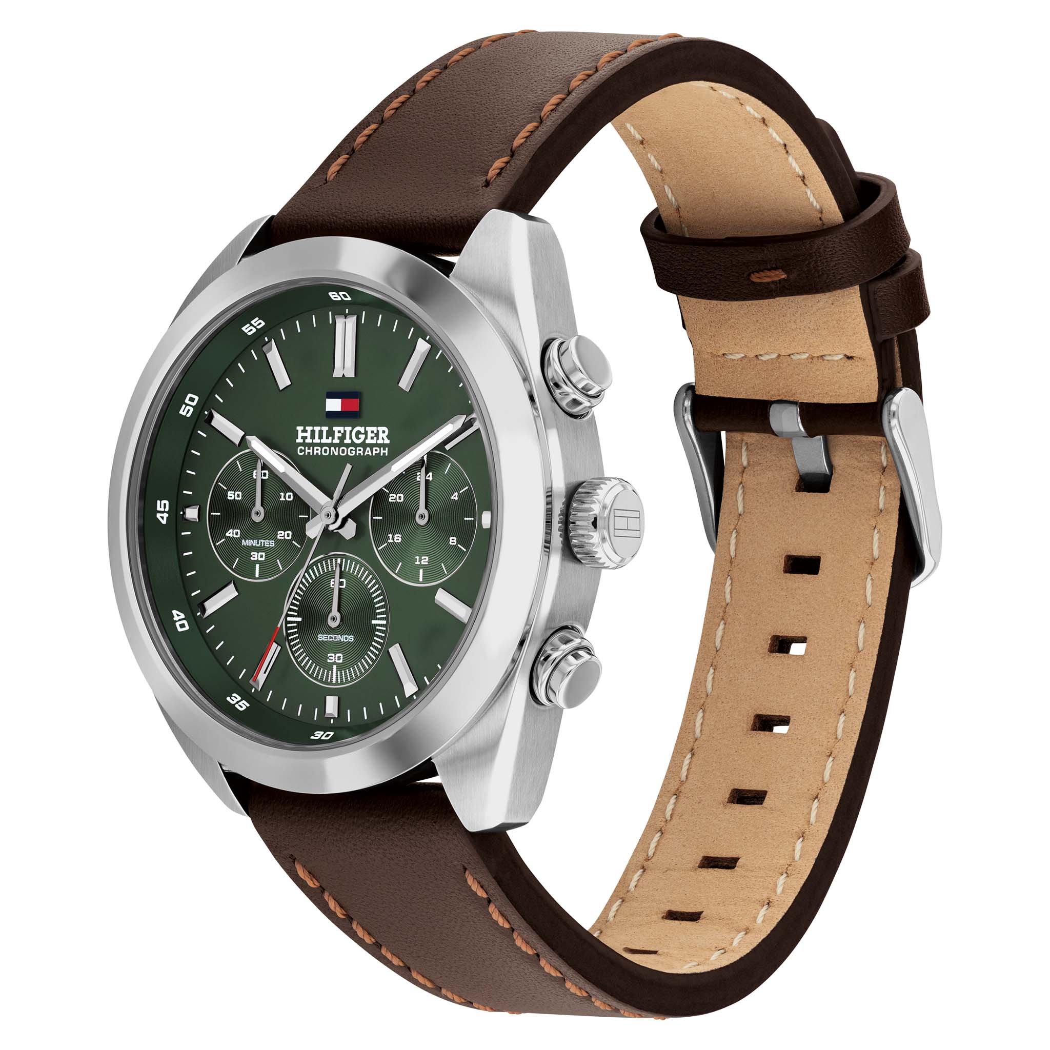 Tommy Hilfiger Brown Leather Forest Green Dial Chronograph Men's Watch - 1710719