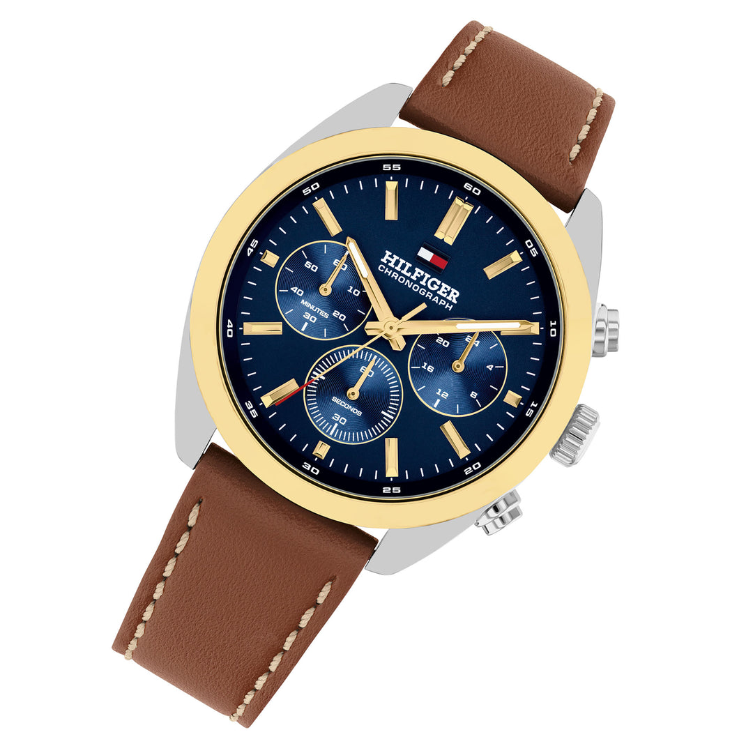 Tommy Hilfiger Brown Leather Blue Dial Chronograph Men's Watch - 1710720