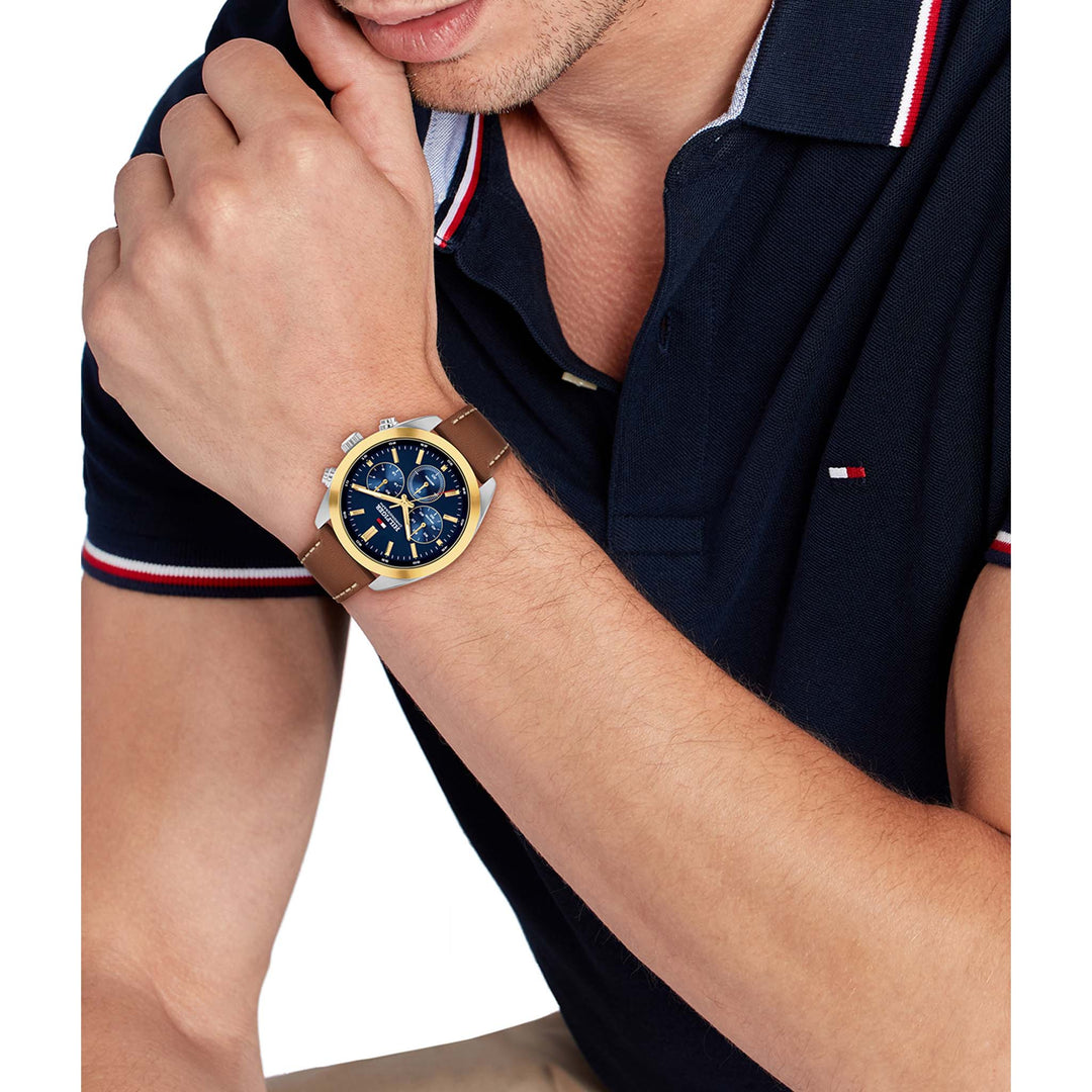 Tommy Hilfiger Brown Leather Blue Dial Chronograph Men's Watch - 1710720
