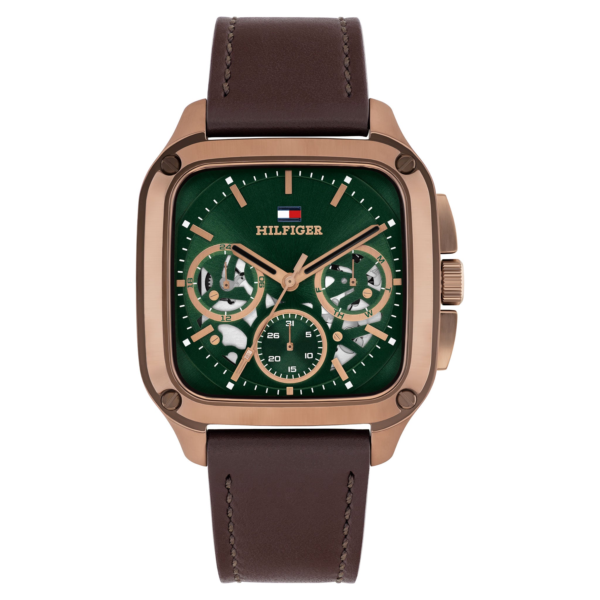 Tommy Hilfiger Brown Calfskin Green Dial Multi-function Men's Watch - 1710757