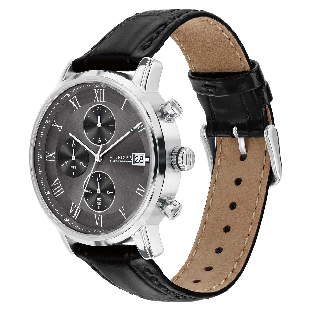 Tommy Hilfiger Black Leather Dark Grey Dial Chronograph Men's Watch - 1710794