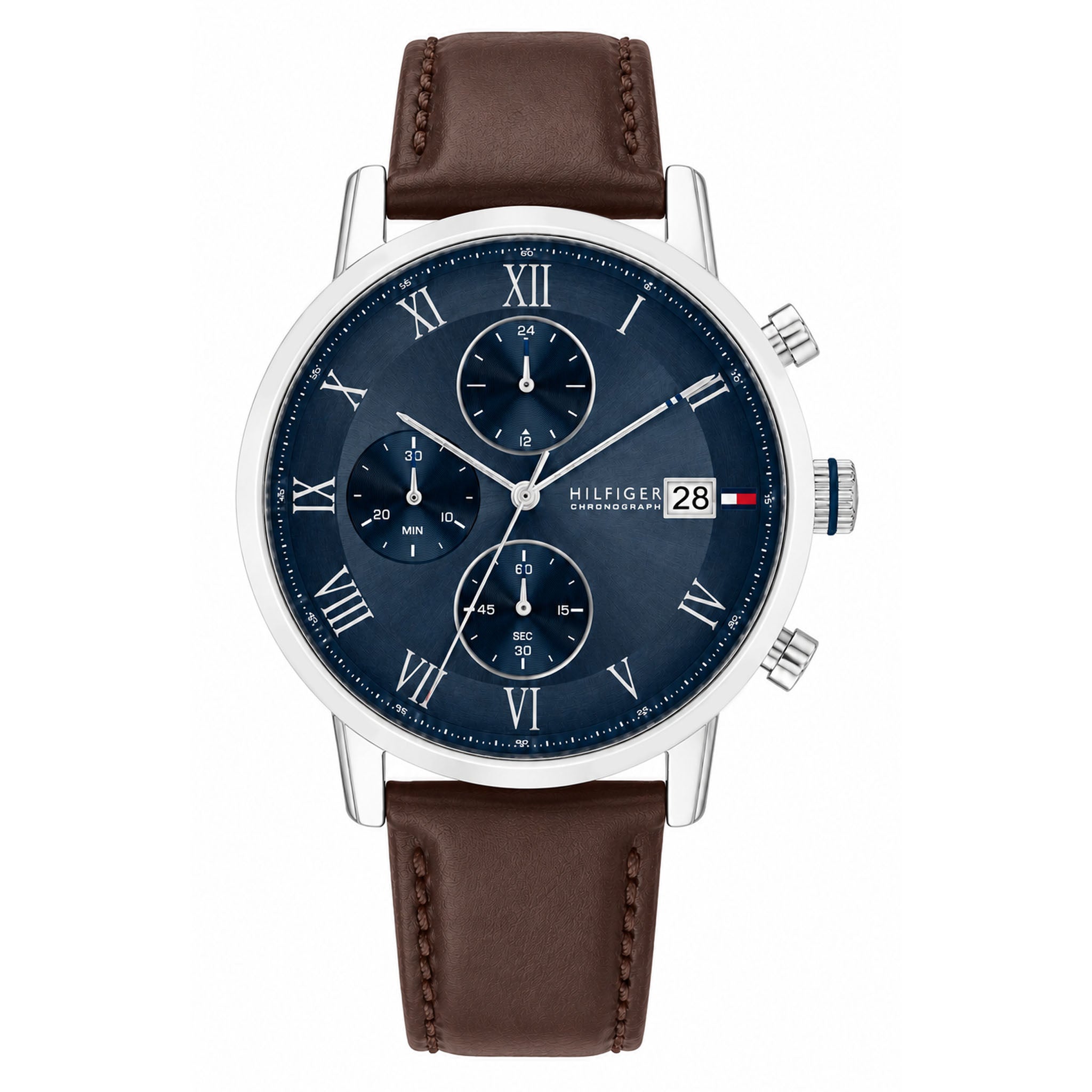Tommy Hilfiger Dark Brown Leather Blue Dial Chronograph Men's Watch - 1710795