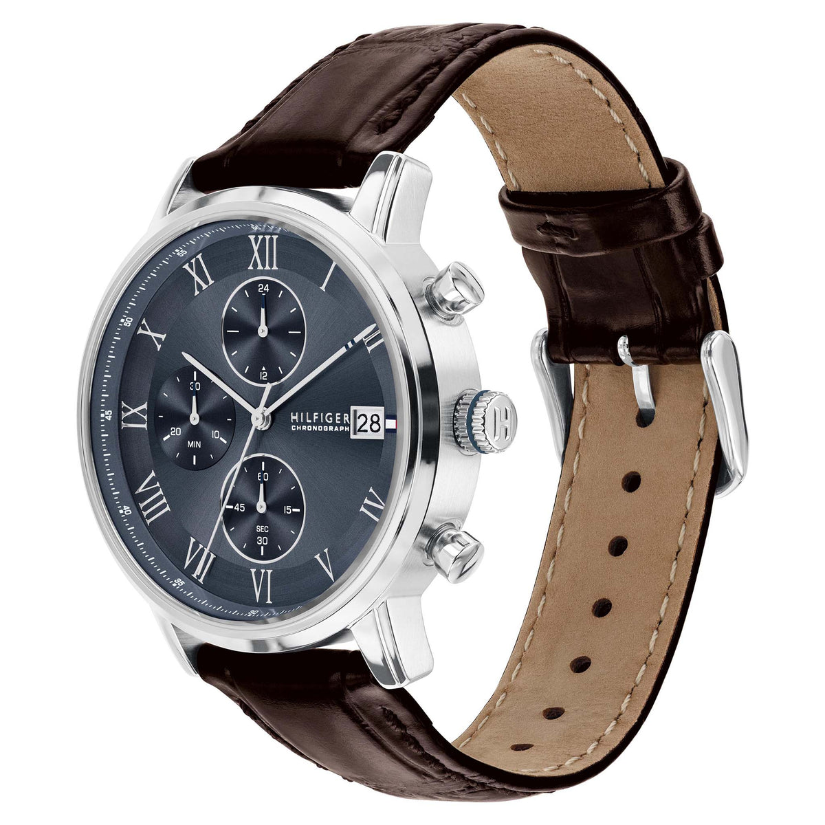 Tommy Hilfiger Dark Brown Leather Blue Dial Chronograph Men's Watch - 1710795