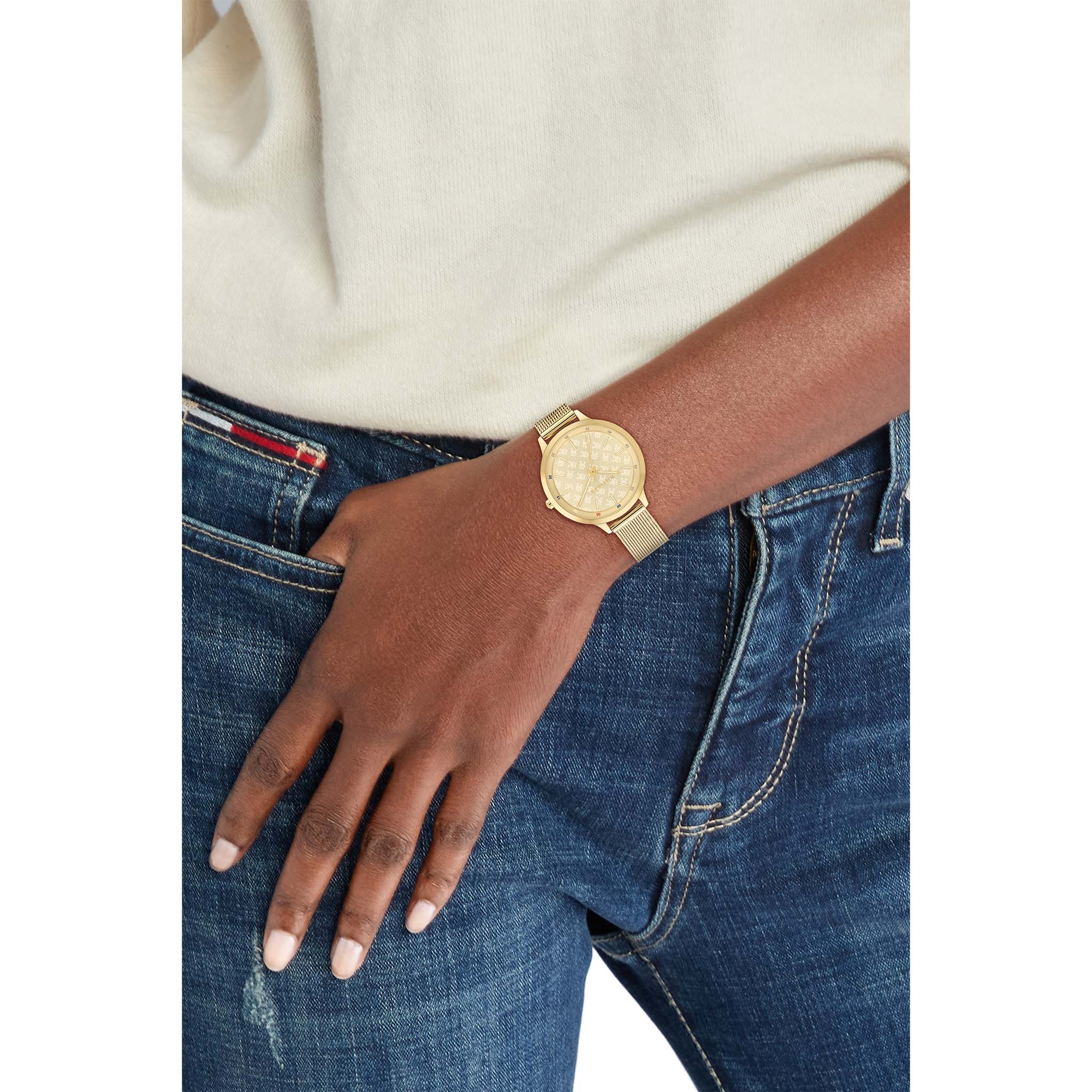 Tommy Hilfiger Gold Steel Mesh Light Champagne Dial Slim Women's Watch - 1782588