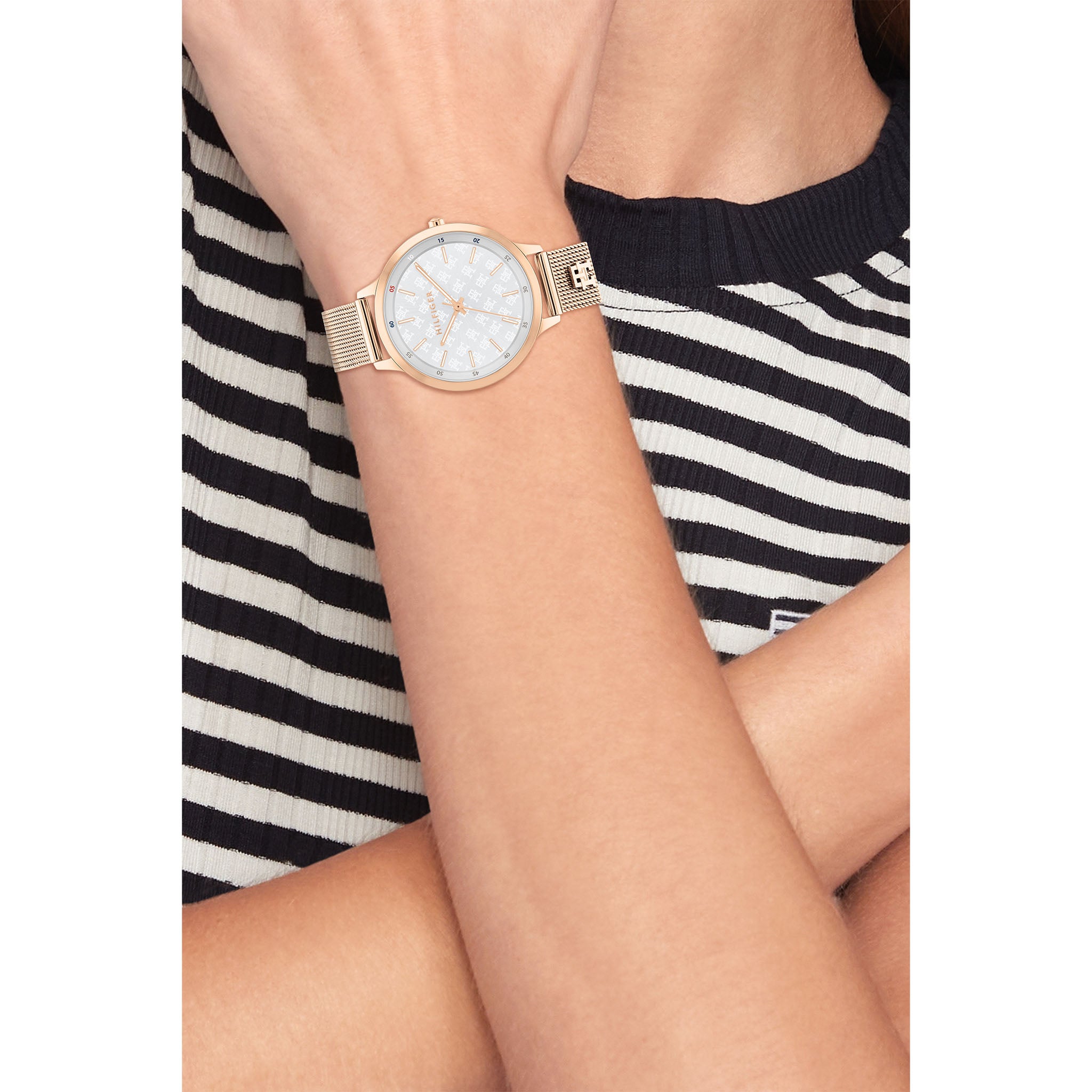 Tommy Hilfiger Rose Gold Steel Mesh Silver White Dial Slim Women's Watch - 1782616