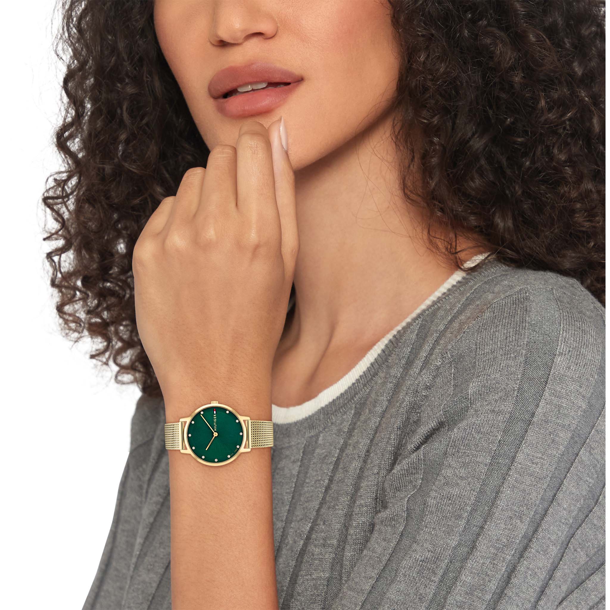 Tommy Hilfiger Gold Steel Mesh Green Dial Women's Watch - 1782668