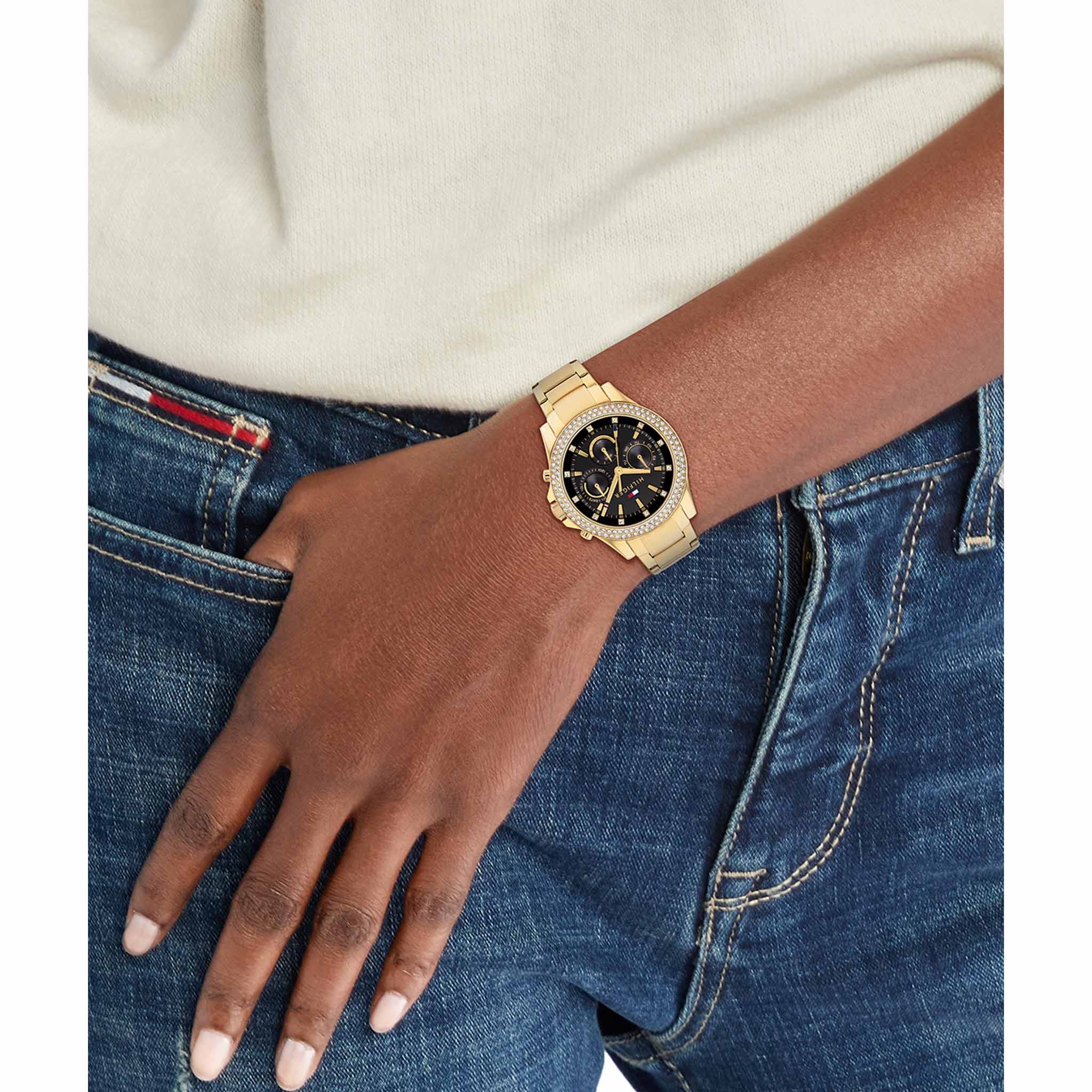 Tommy Hilfiger Gold Steel Black Dial Multi-function Women's Watch - 1782676