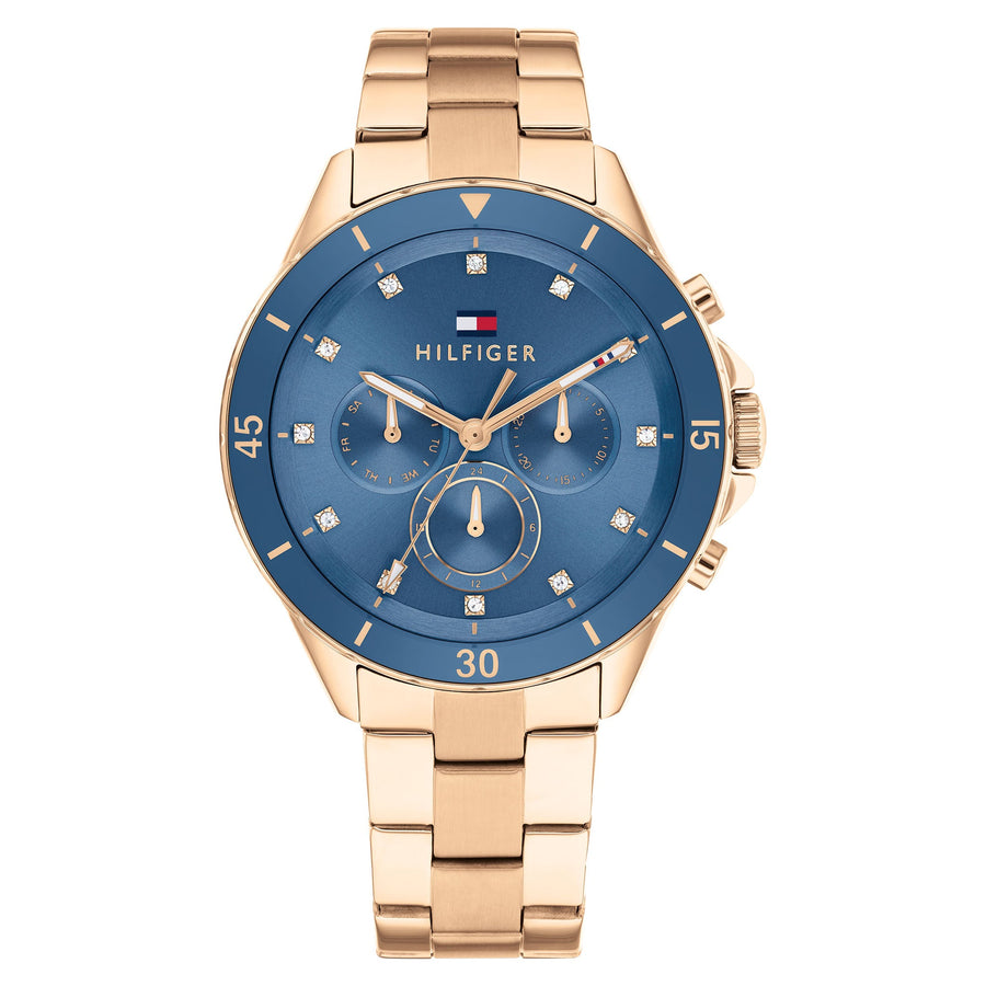 Tommy Hilfiger Gold Steel Blue Dial Multi-function Women's Watch - 1782710