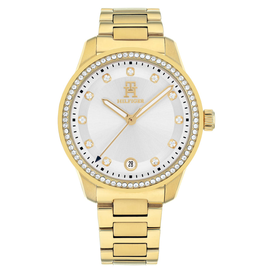 Tommy Hilfiger Th85 Crystals Ionic Plated Thin Gold Steel Silver Dial Basic Calendar Women's - 1782758