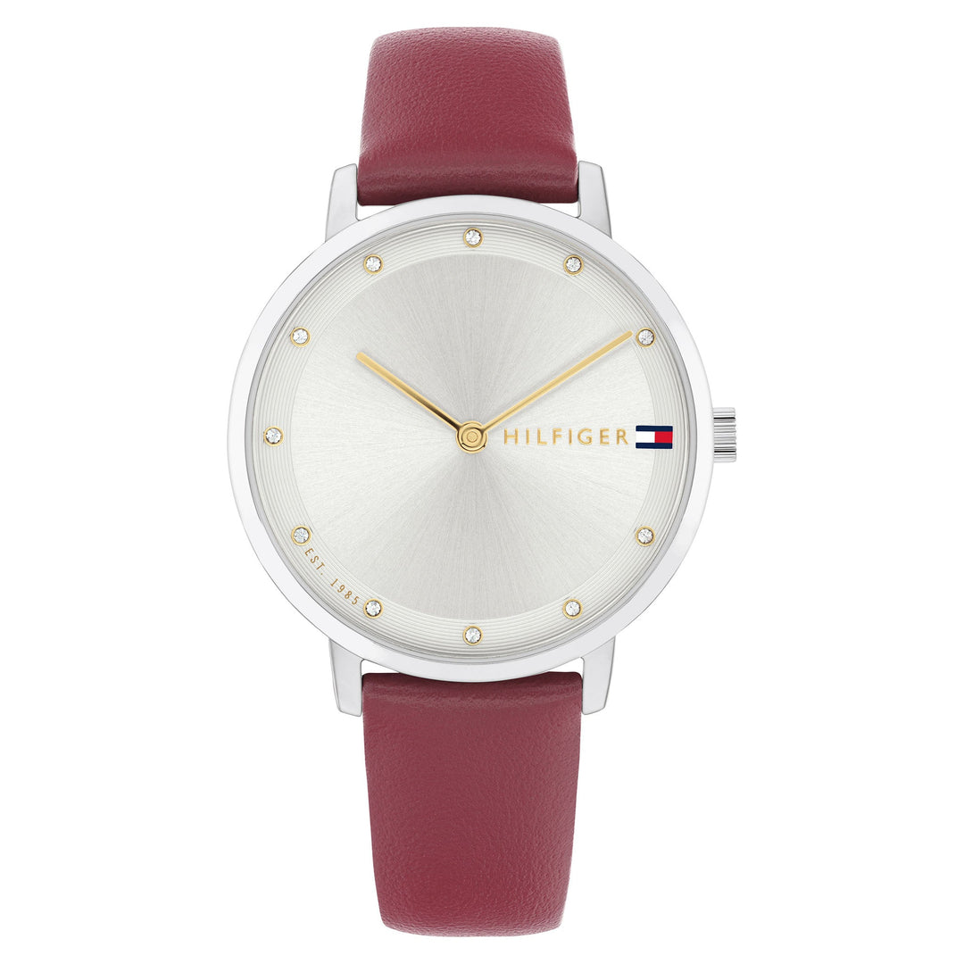 Tommy Hilfiger Pippa Cranberry Leather Silver White Dial Basic Slim Women's - 1782763