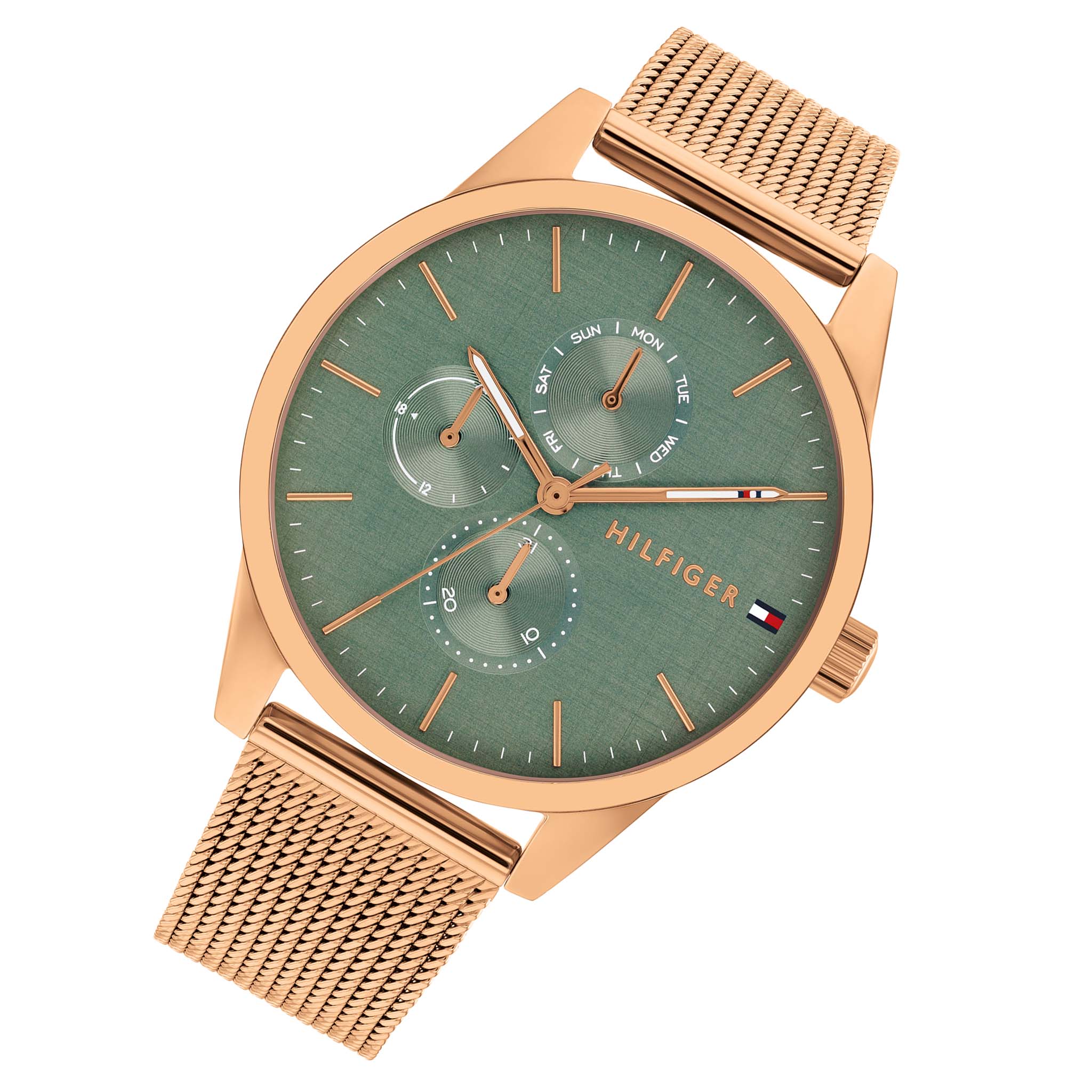 Tommy Hilfiger Rose Gold Steel Mesh Green Dial Multi-function Women's Watch - 1782770