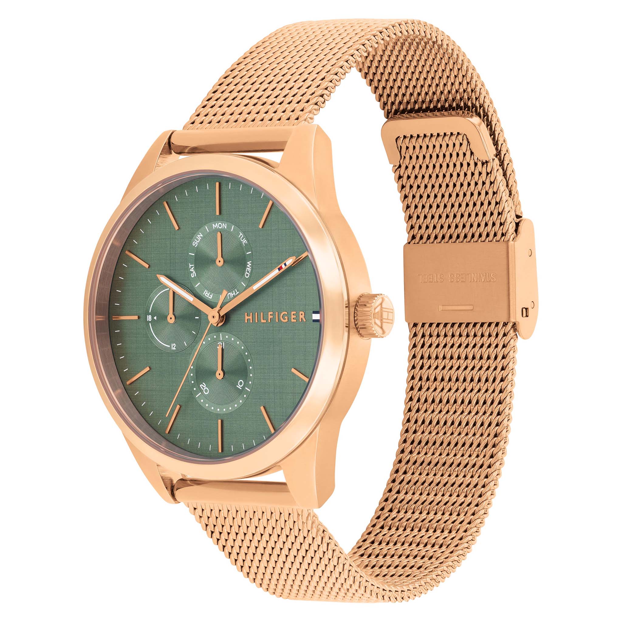 Tommy Hilfiger Rose Gold Steel Mesh Green Dial Multi-function Women's Watch - 1782770