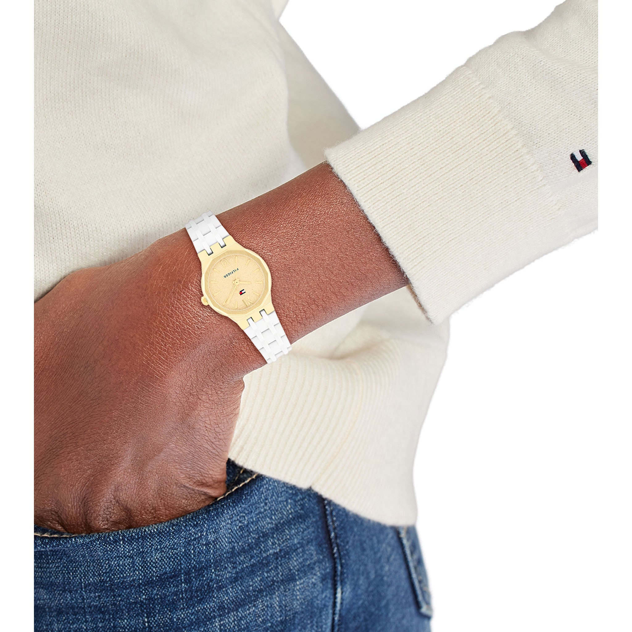 Tommy Hilfiger White Silicone Gold Dial Women's Watch - 1782883