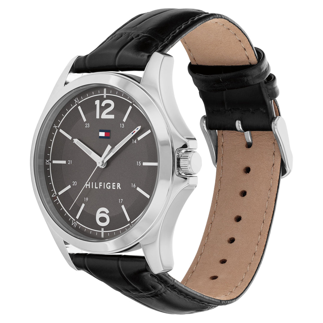 Tommy Hilfiger Black Leather Grey Dial Men's Watch - 1791376