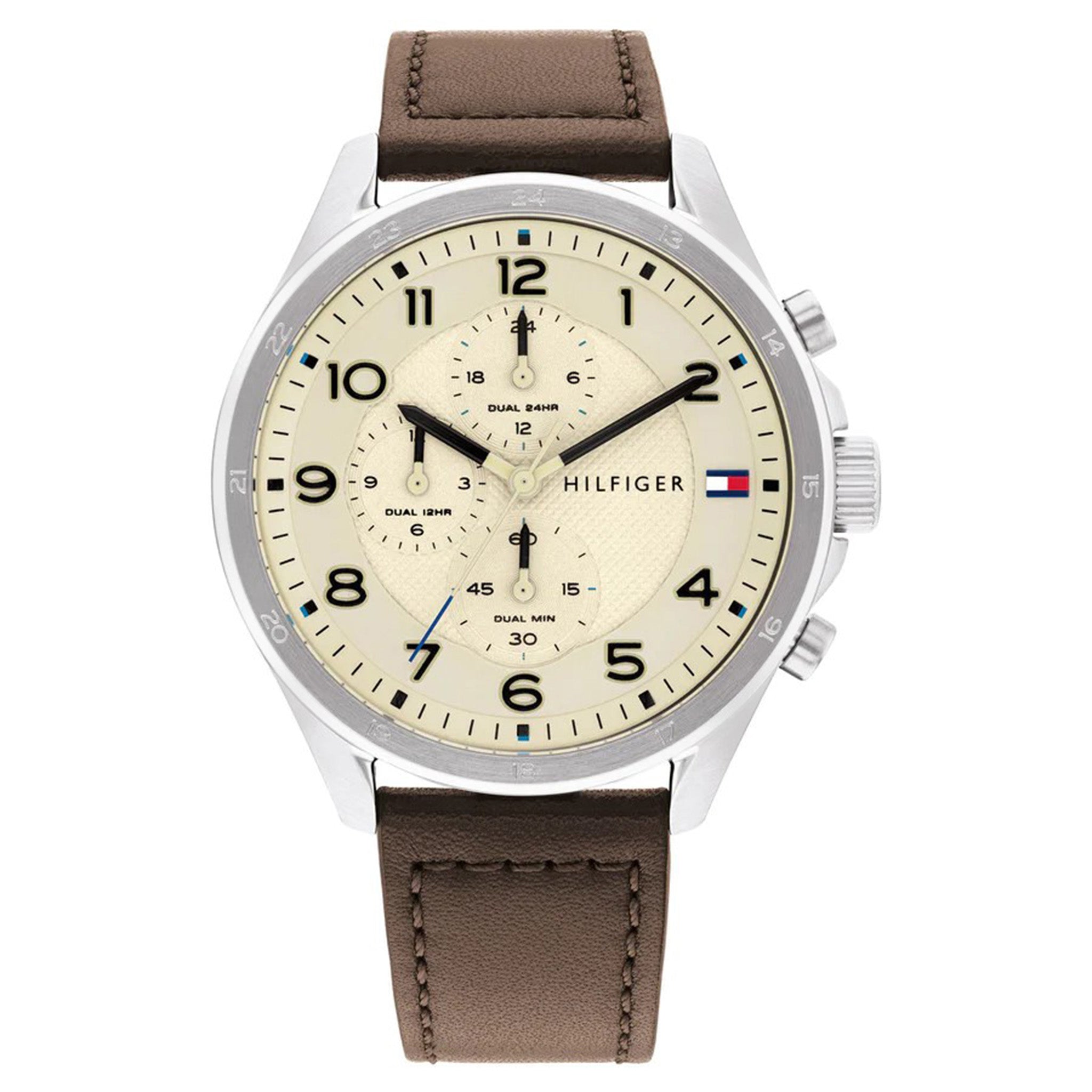 Tommy Hilfiger Brown Leather Parchment Dial Multi-function Men's Watch - 1792003