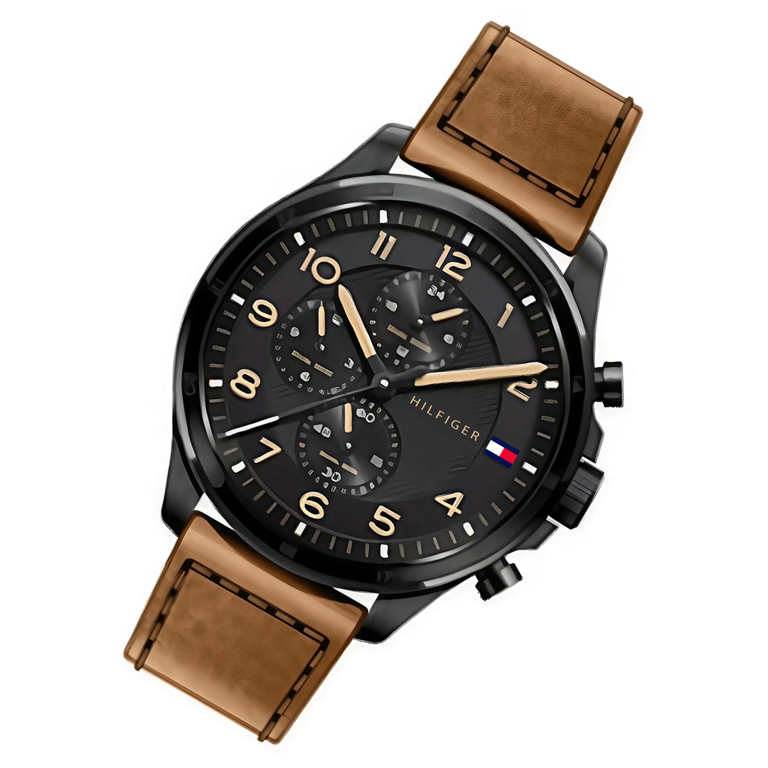 Tommy Hilfiger Brown Leather Black Dial Multi-function Men's Watch - 1792038