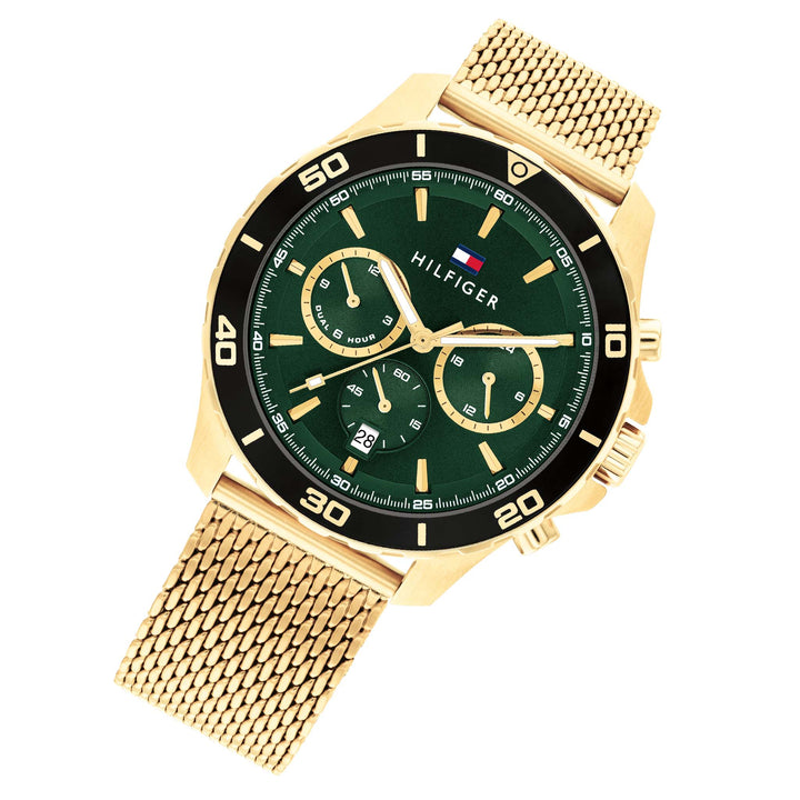 Tommy Hilfiger Gold Steel Mesh Green Dial Multi-function Men's Watch - 1792093