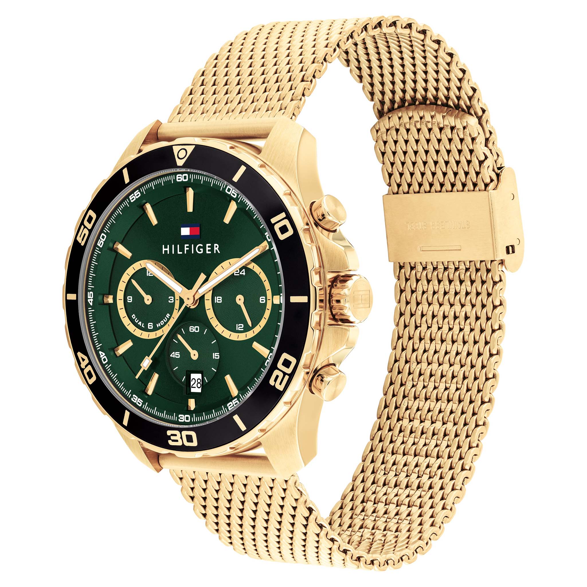 Tommy Hilfiger Gold Steel Mesh Green Dial Multi-function Men's Watch - 1792093