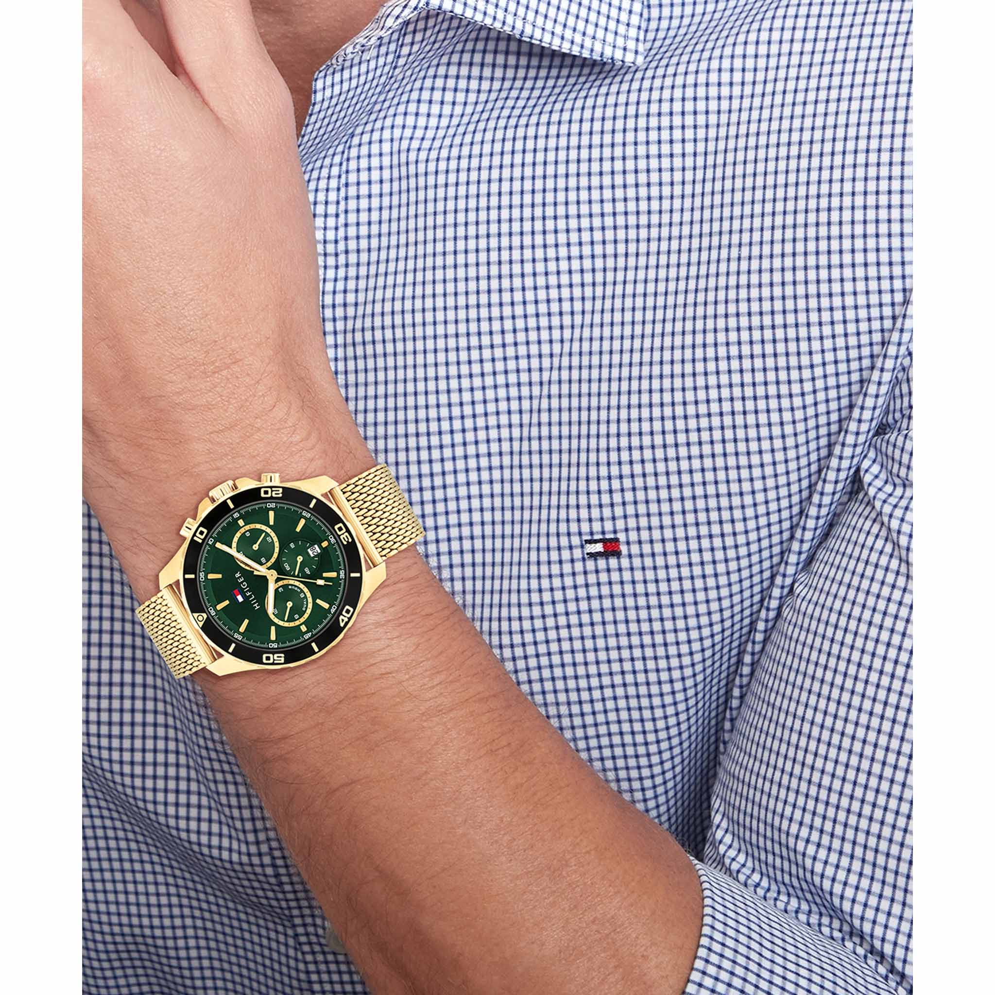 Tommy Hilfiger Gold Steel Mesh Green Dial Multi-function Men's Watch - 1792093