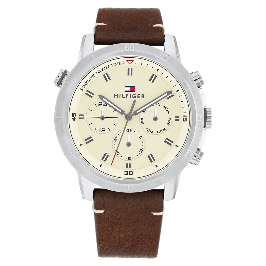 Tommy Hilfiger Dark Brown Leather Parchment Dial Multi-function Men's Watch - 1792102