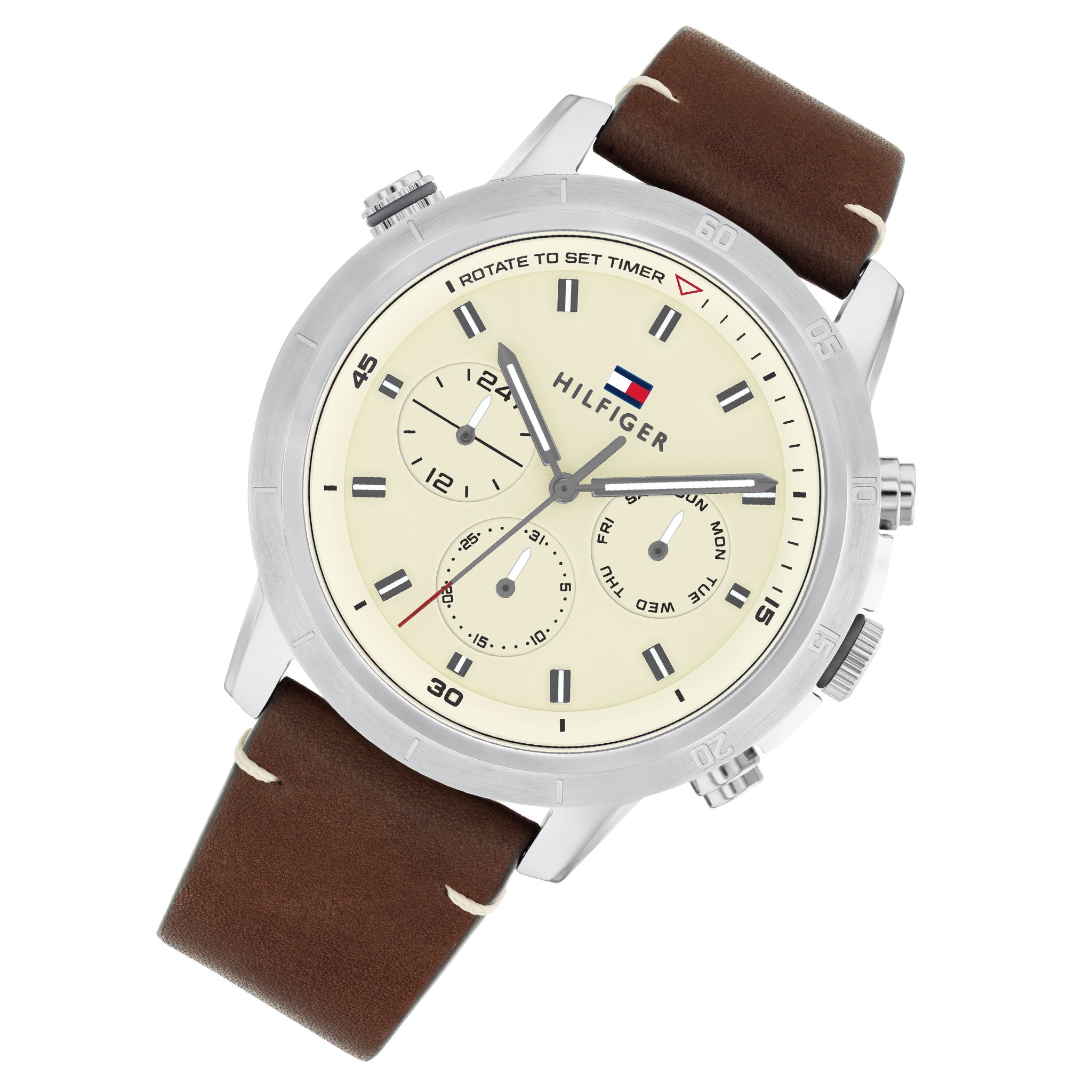 Tommy Hilfiger Dark Brown Leather Parchment Dial Multi-function Men's Watch - 1792102