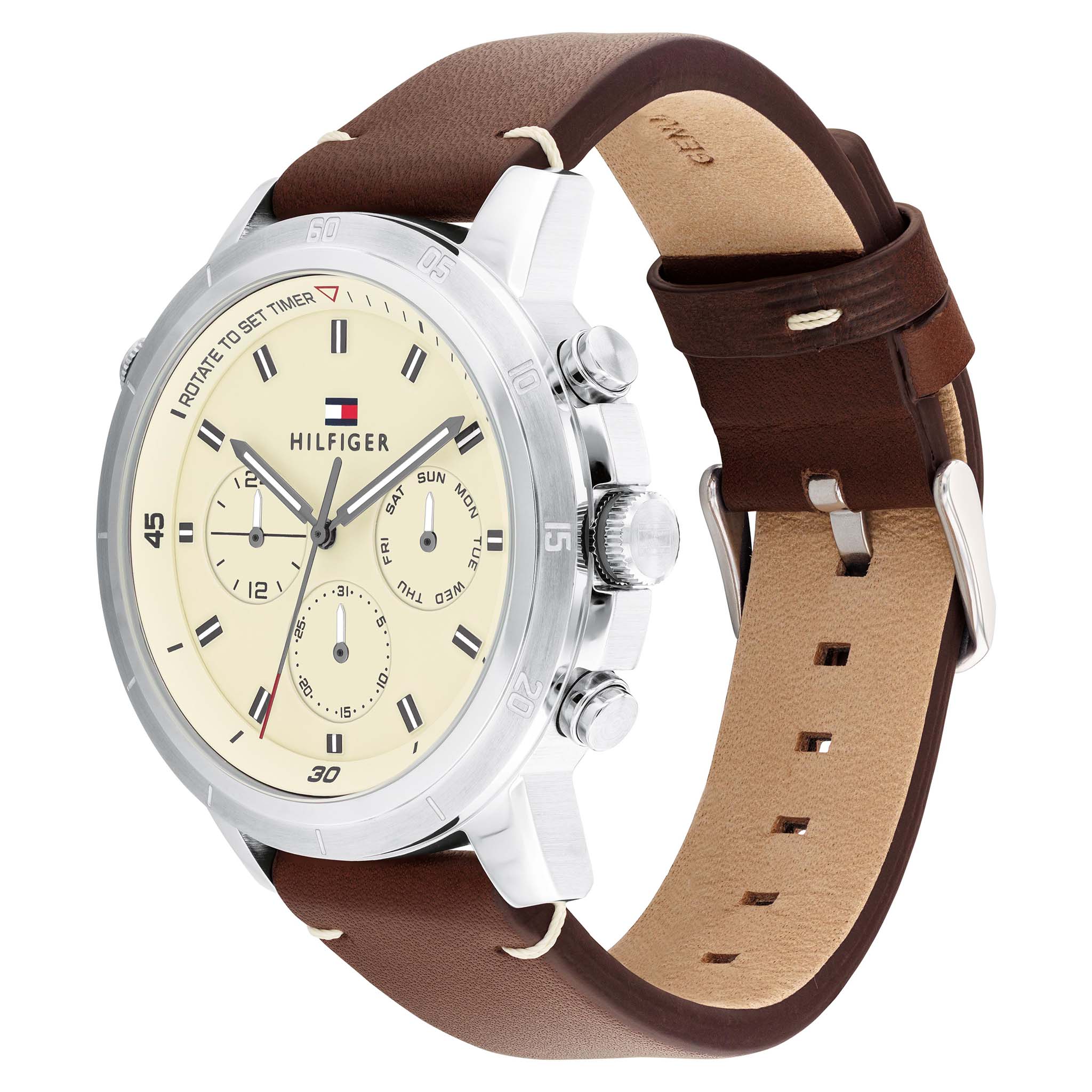 Tommy Hilfiger Dark Brown Leather Parchment Dial Multi-function Men's Watch - 1792102