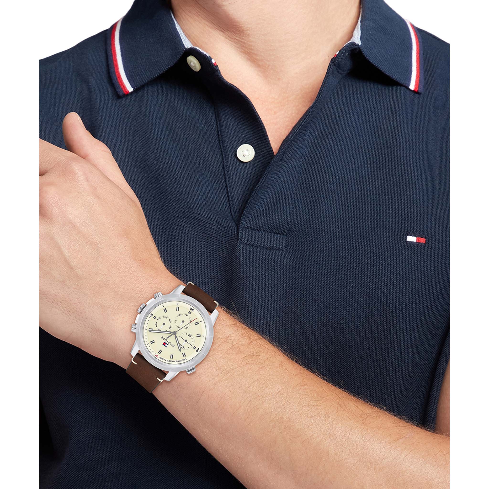Tommy Hilfiger Dark Brown Leather Parchment Dial Multi-function Men's Watch - 1792102