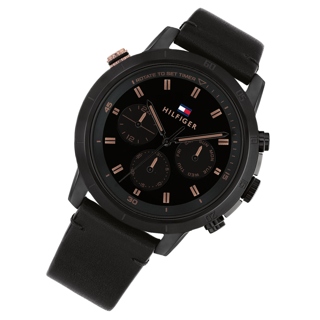 Tommy Hilfiger Black Leather Multi-function Men's Watch - 1792110