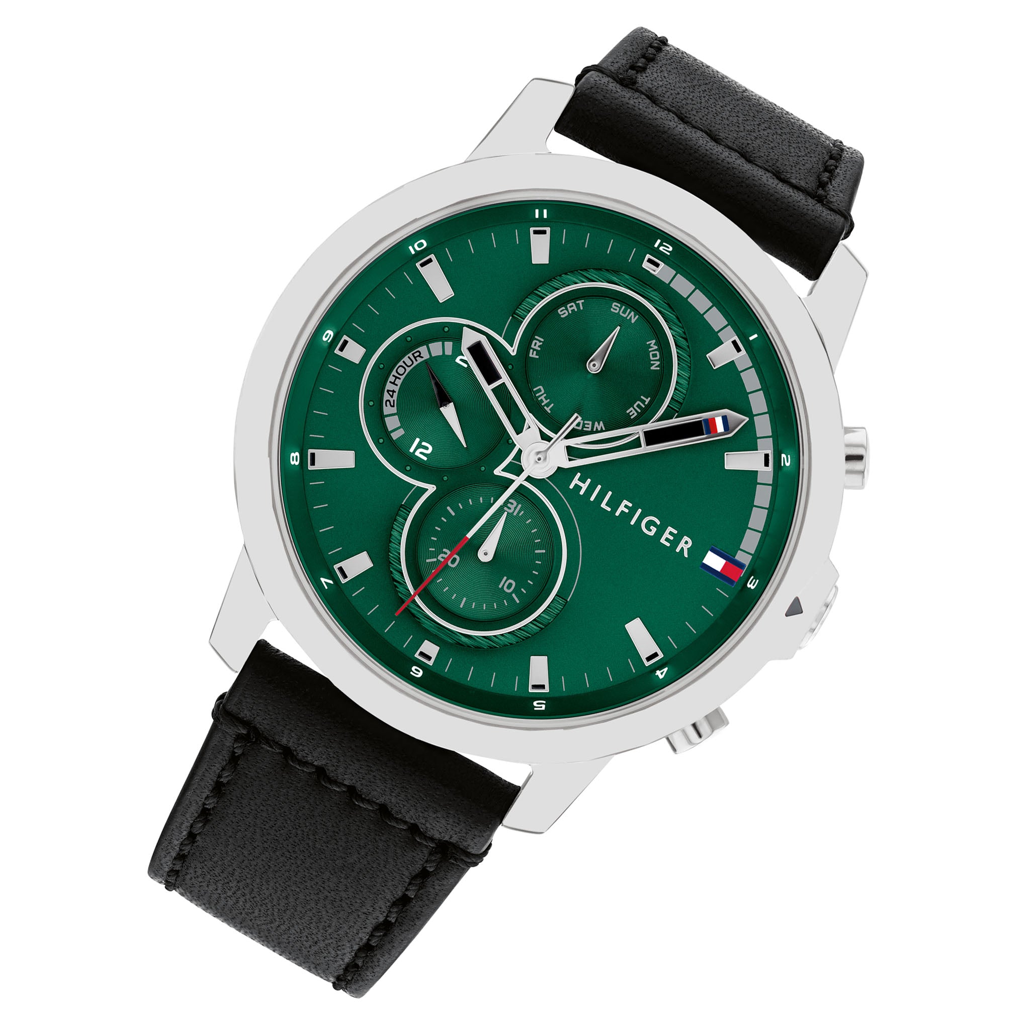 Tommy Hilfiger Black Leather Green Dial Multi-function Men's Watch - 1792151