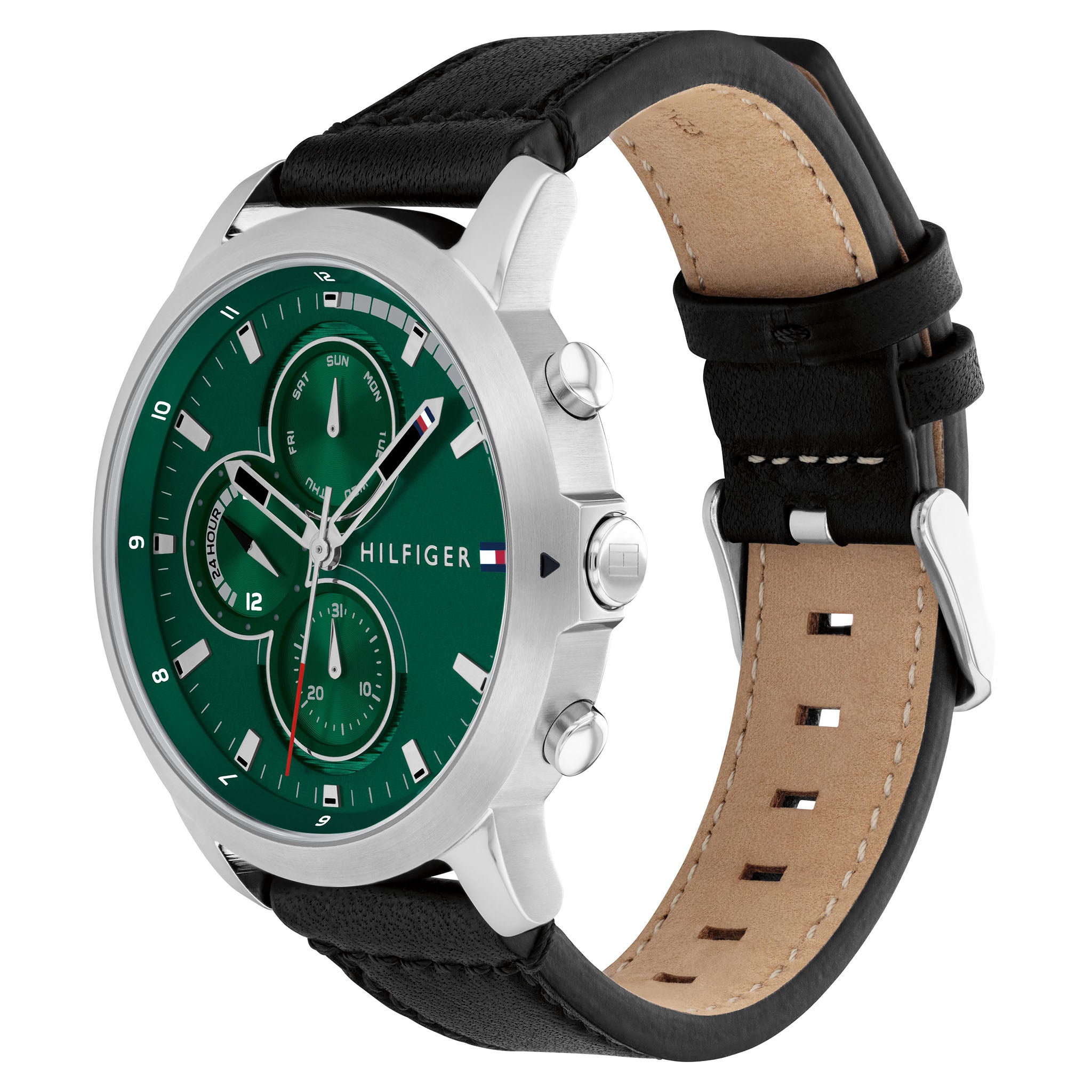 Tommy Hilfiger Black Leather Green Dial Multi-function Men's Watch - 1792151