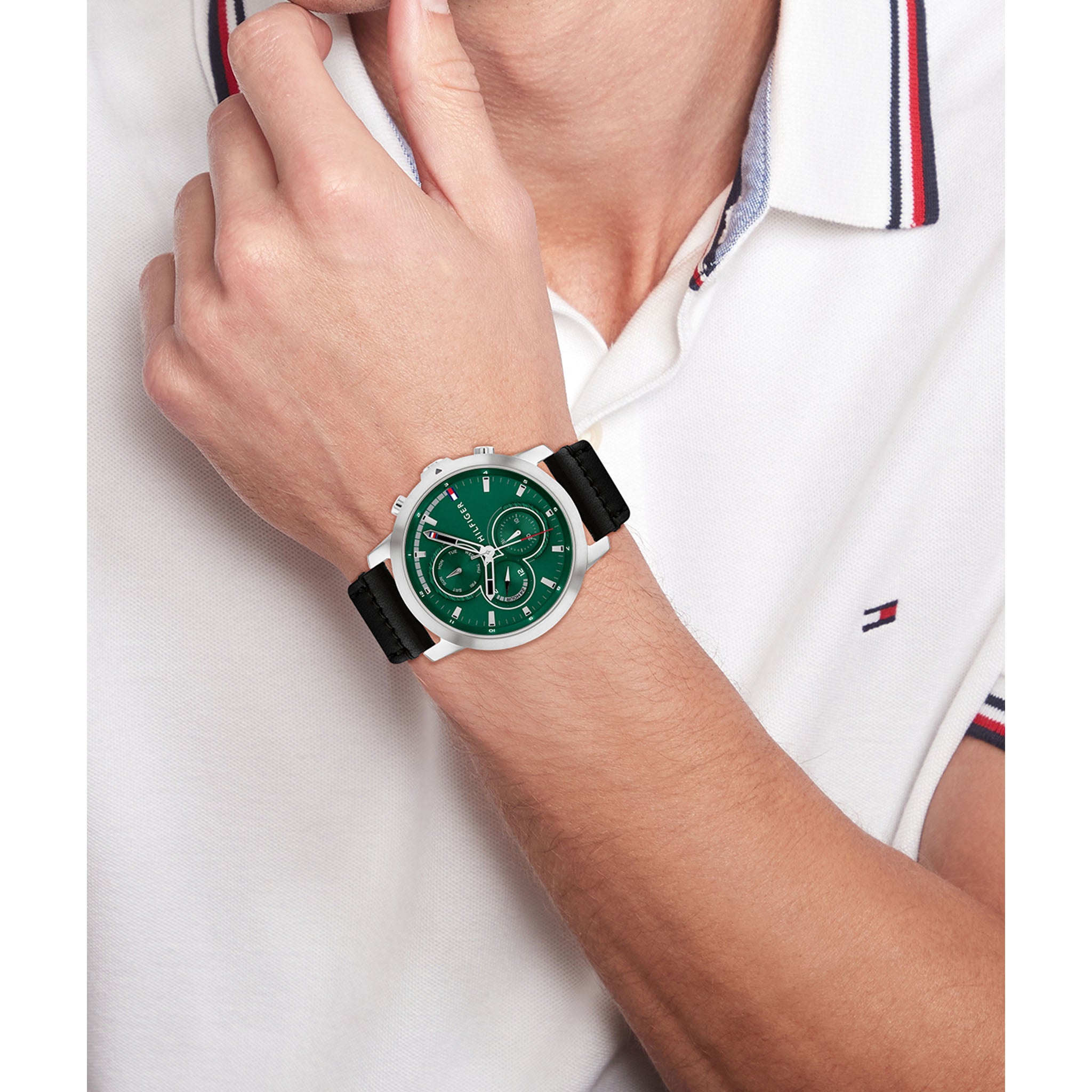 Tommy Hilfiger Black Leather Green Dial Multi-function Men's Watch - 1792151