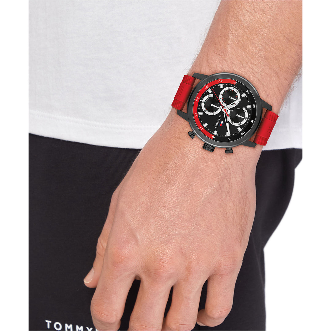 Tommy Hilfiger Red Silicone Black Dial Multi-function Men's Watch - 1792178