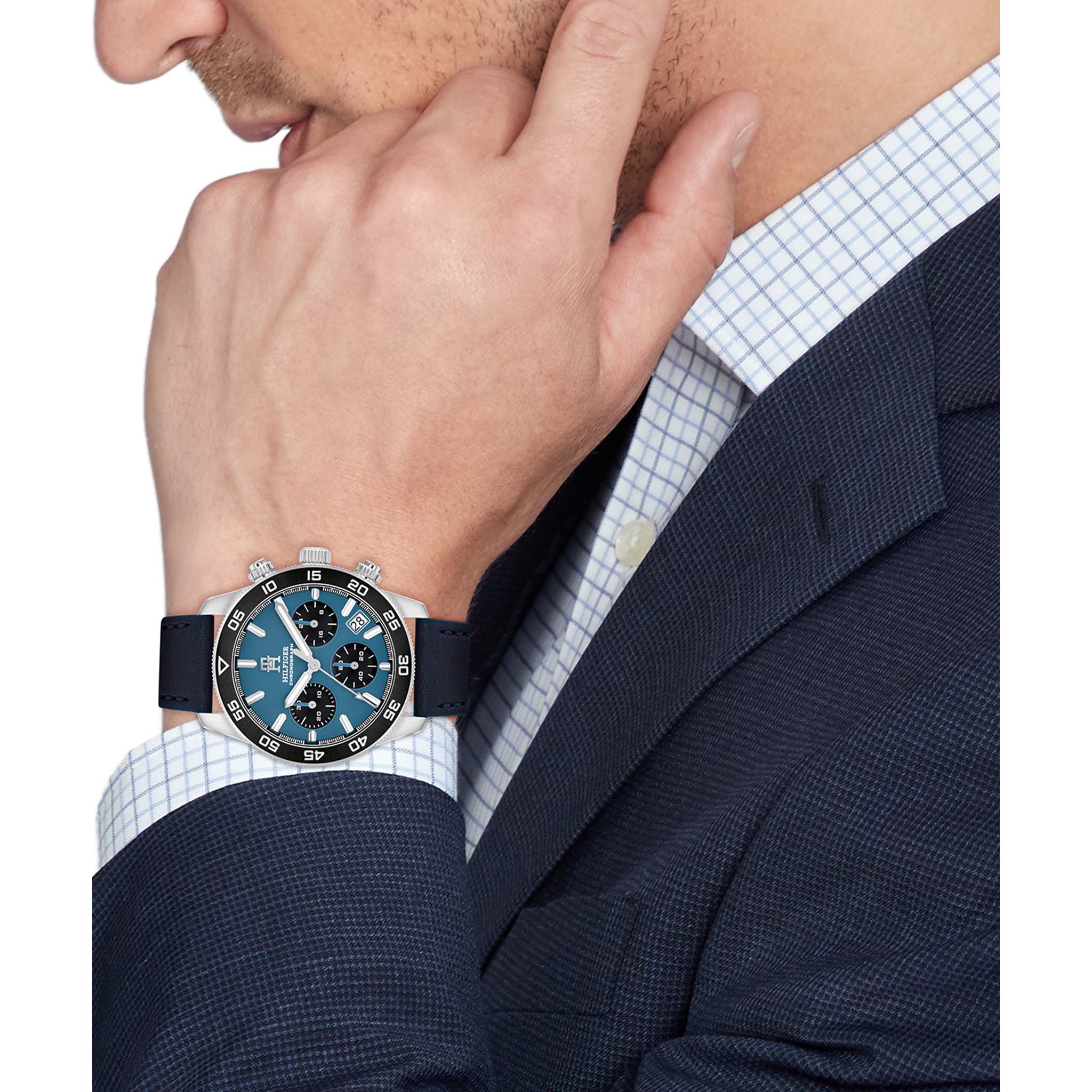 Tommy Hilfiger Leather Blue Dial Chronograph Men's Watch - 1792187