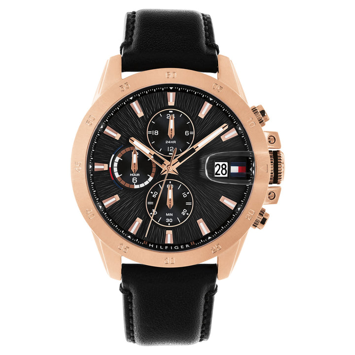 Tommy Hilfiger Black Leather Black Dial Multi-function Men's Watch - 1792194