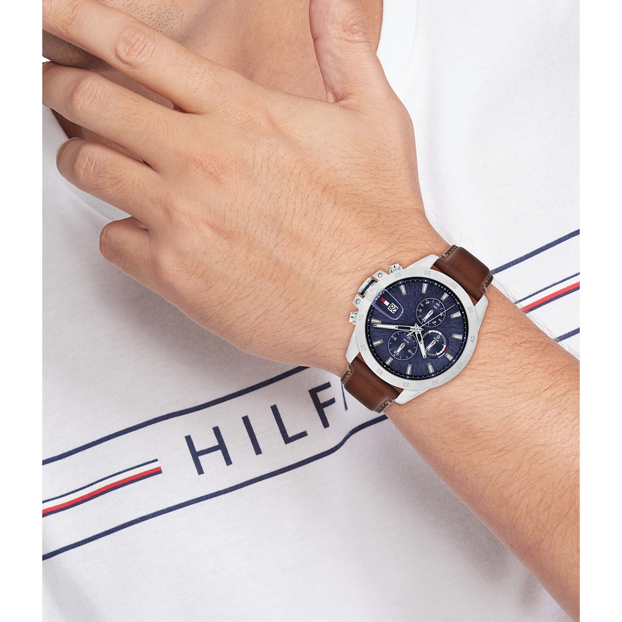 Tommy Hilfiger Brown Leather Navy Dial Multi-function Men's Watch - 1792195