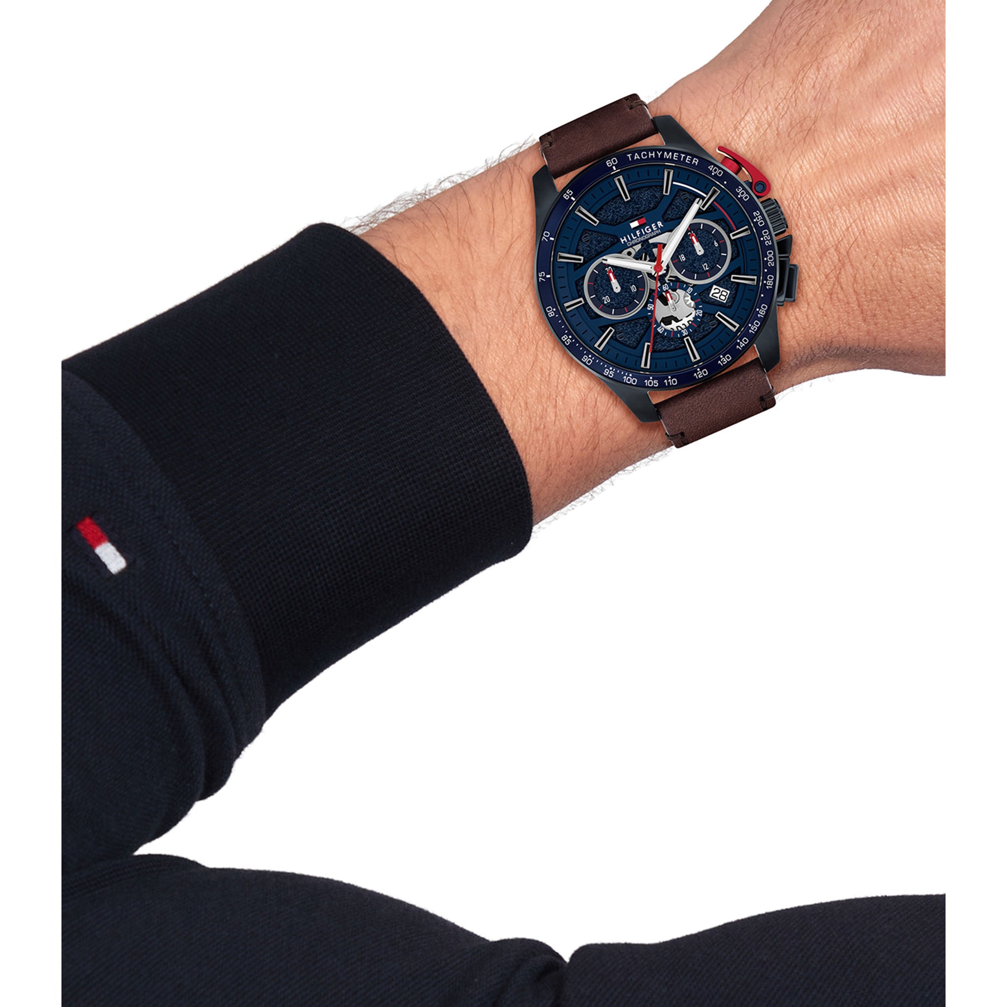 Tommy Hilfiger Brown Leather Blue Dial Chronograph Men's Watch - 1792268