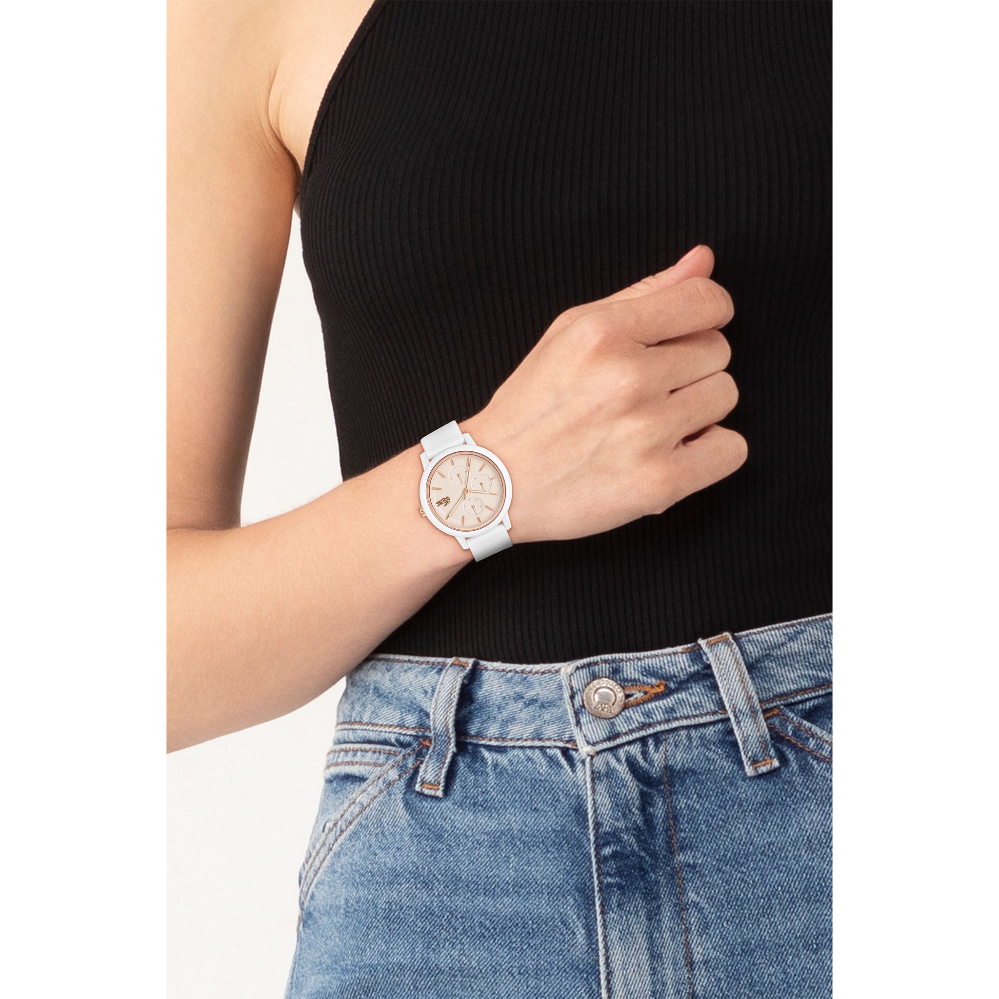 Lacoste White Silicone Carnation Gold Dial Multi-function Women's Watch - 2001326