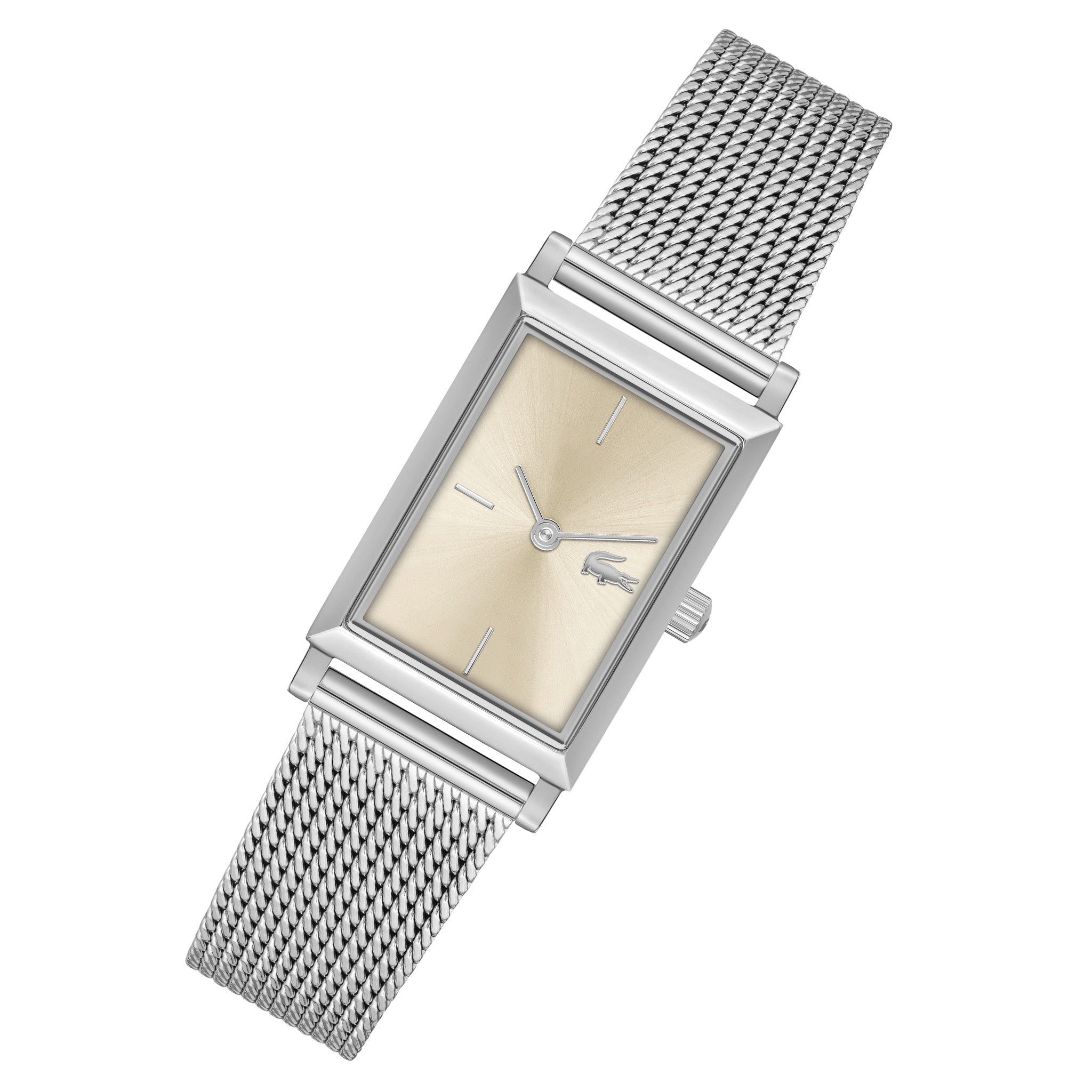 Lacoste Silver Steel Mesh Gold Sunray Dial Slim Women's Watch - 2001346