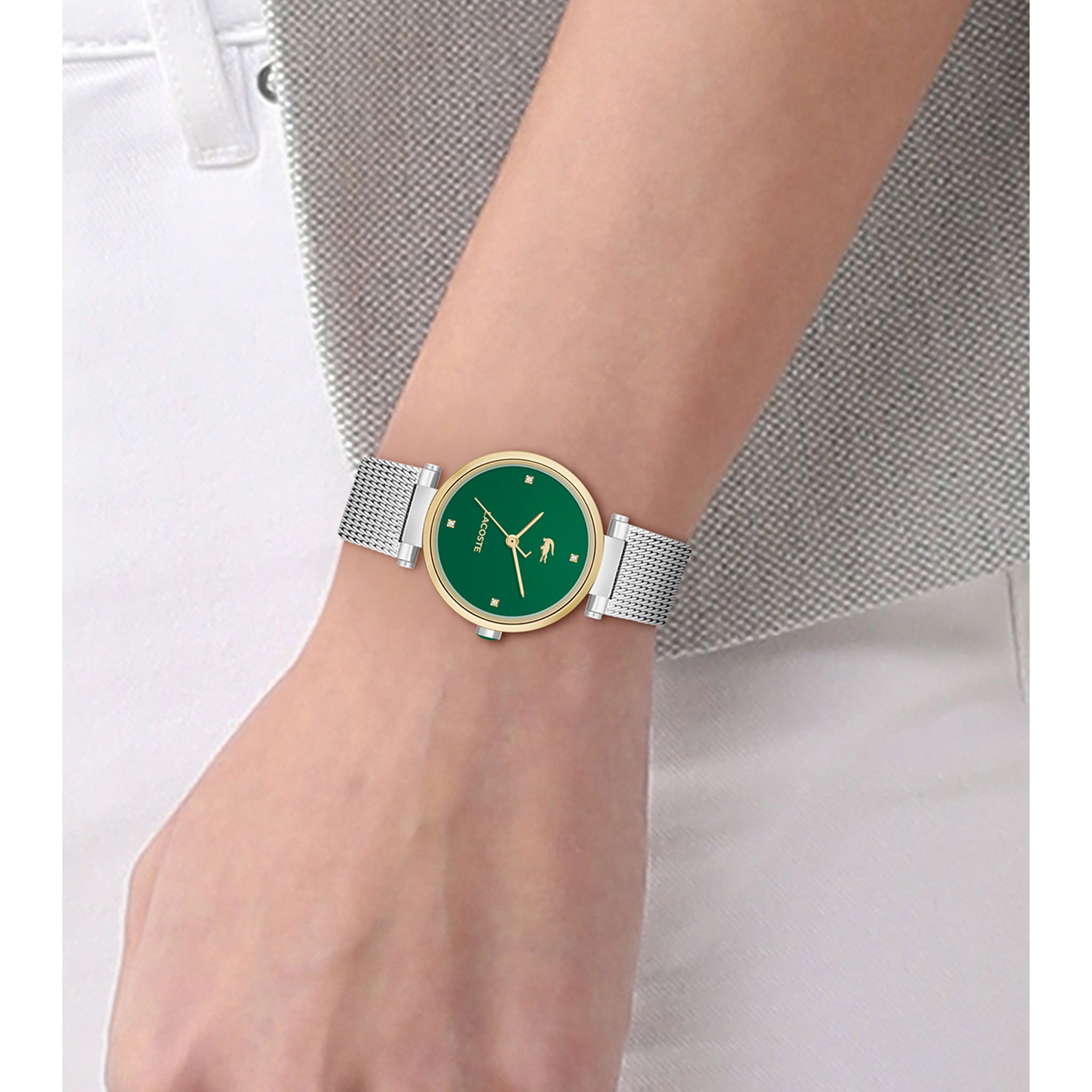 Lacoste Silver Steel Mesh Green Dial Women's Watch - 2001348