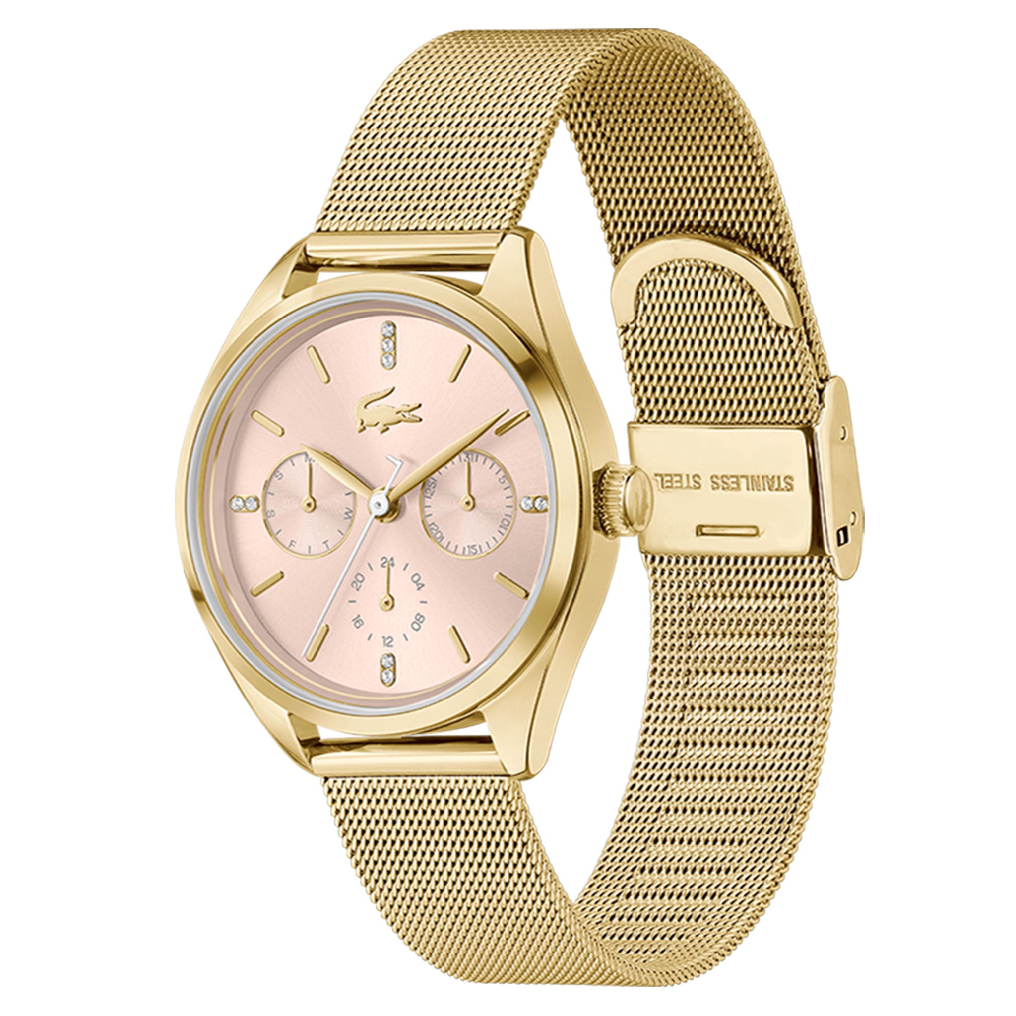 Lacoste Gold Steel Mesh Blush Dial Multi-function Women's Watch - 2001499