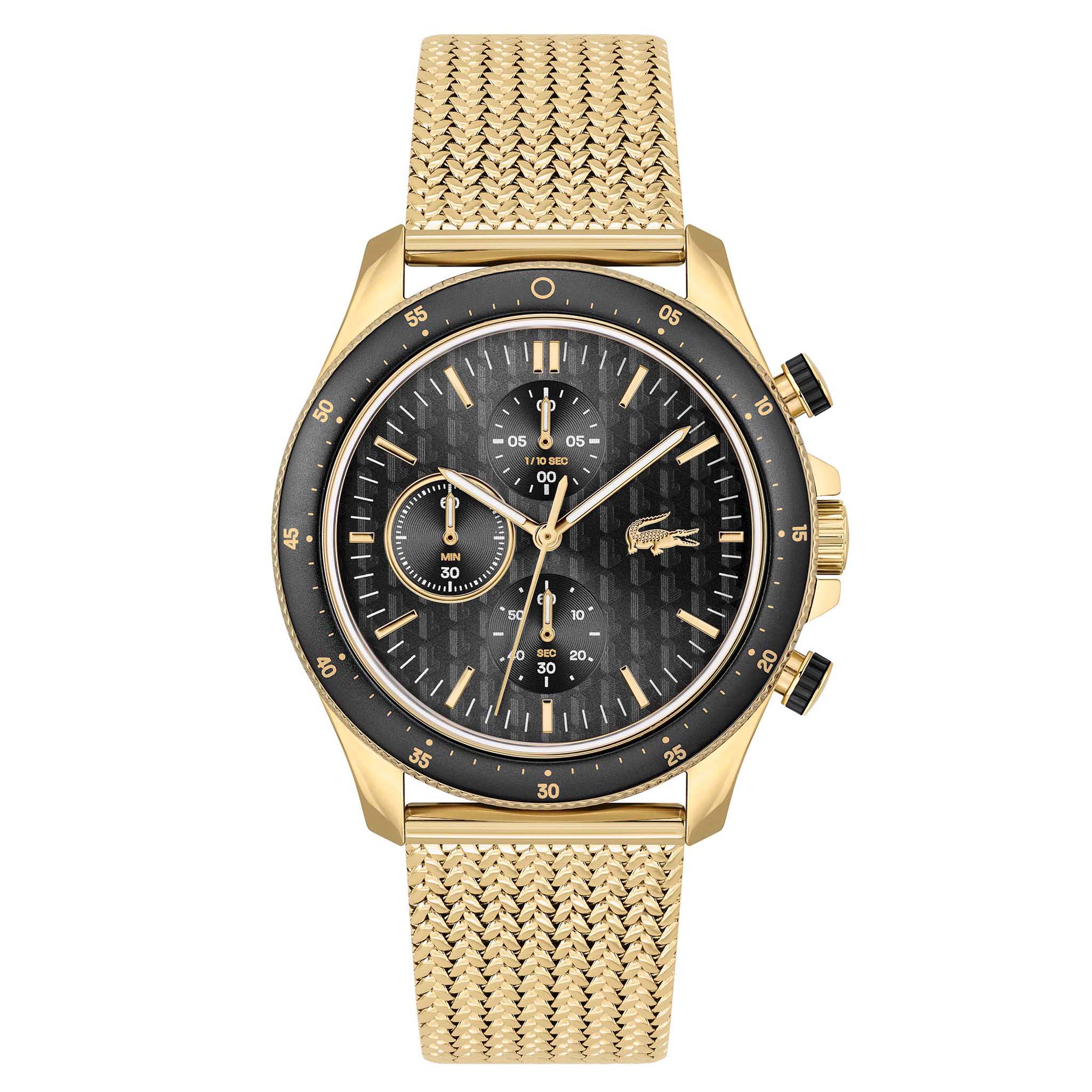 Lacoste Gold Steel Mesh Black Dial Fashion Chrono Men's Watch - 2011254