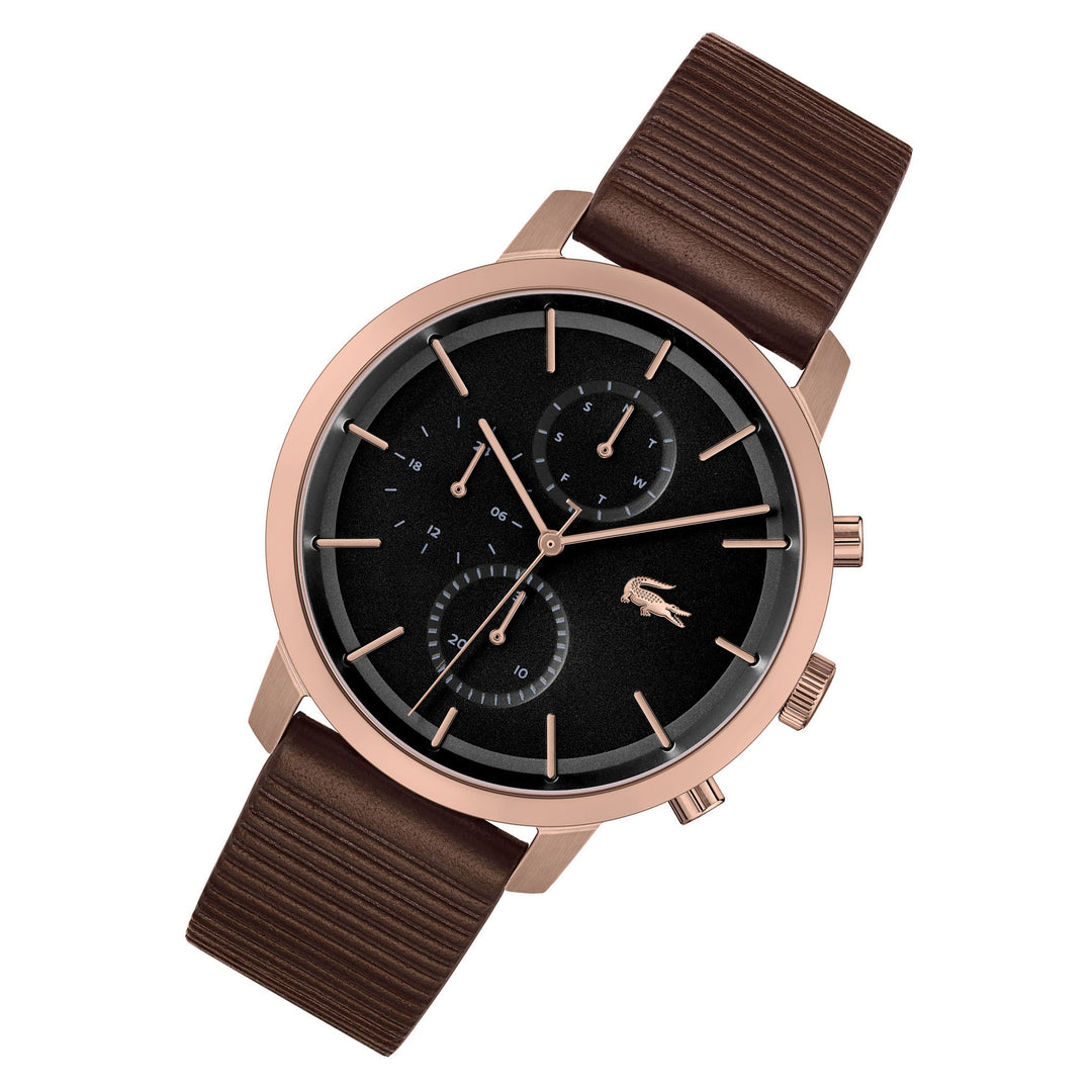 Lacoste Brown Leather Black Dial Multi-function Men's Watch - 2011257