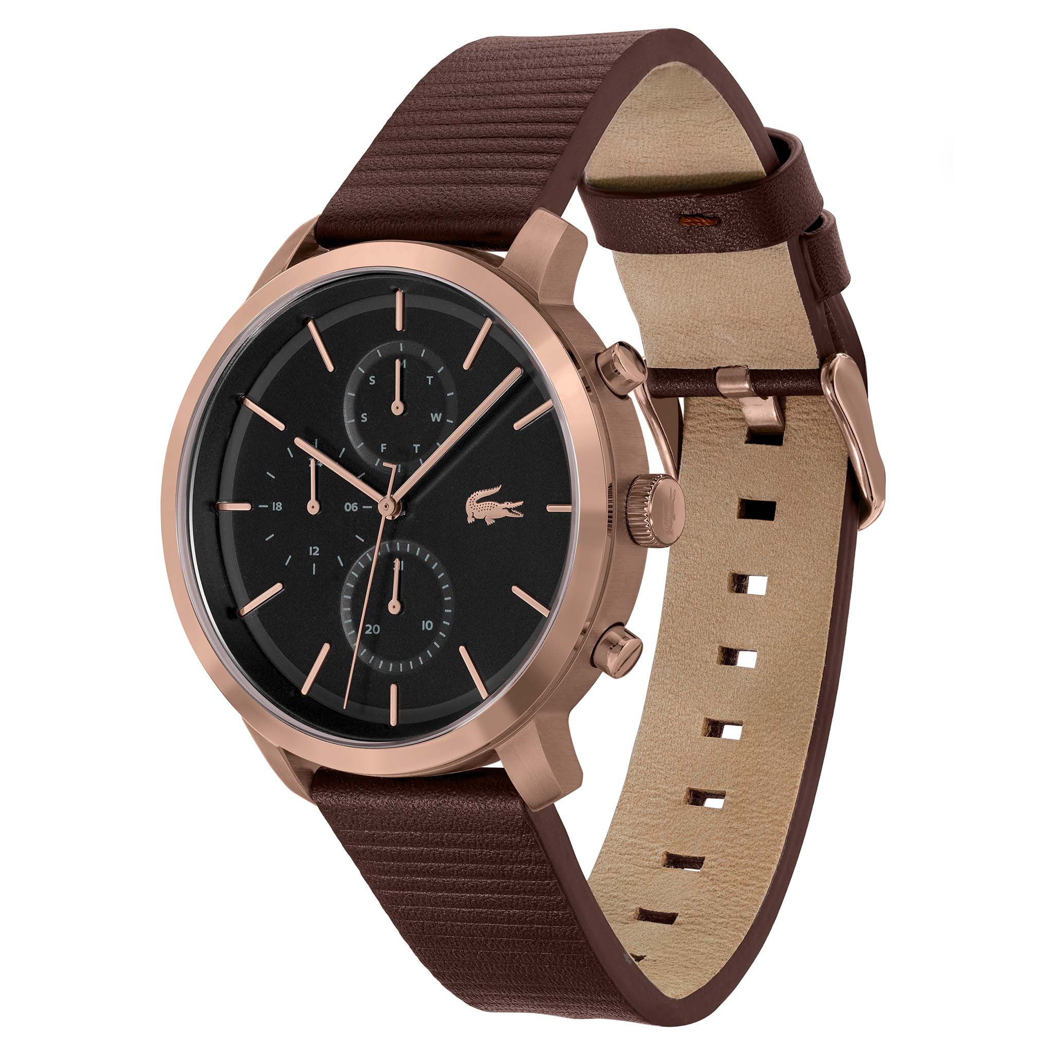 Lacoste Brown Leather Black Dial Multi-function Men's Watch - 2011257