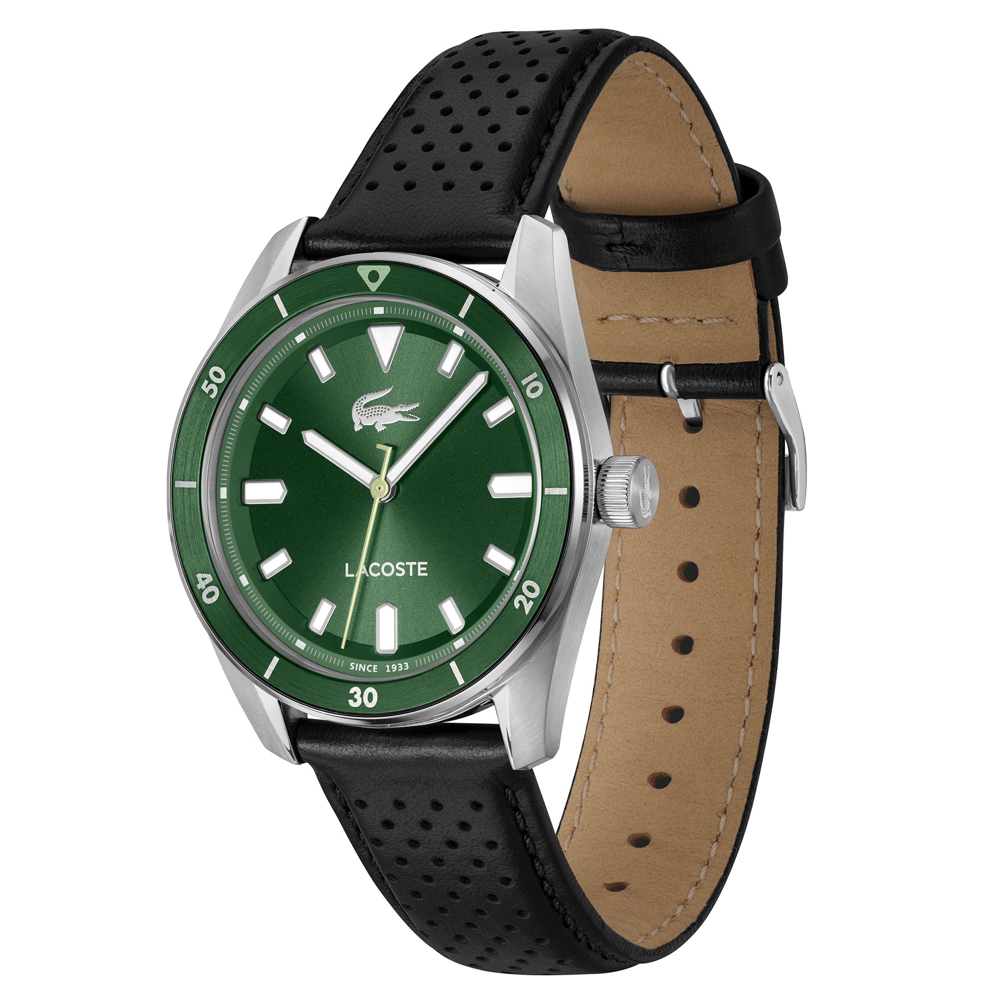 Lacoste Black Leather Green Dial Men's Watch - 2011423