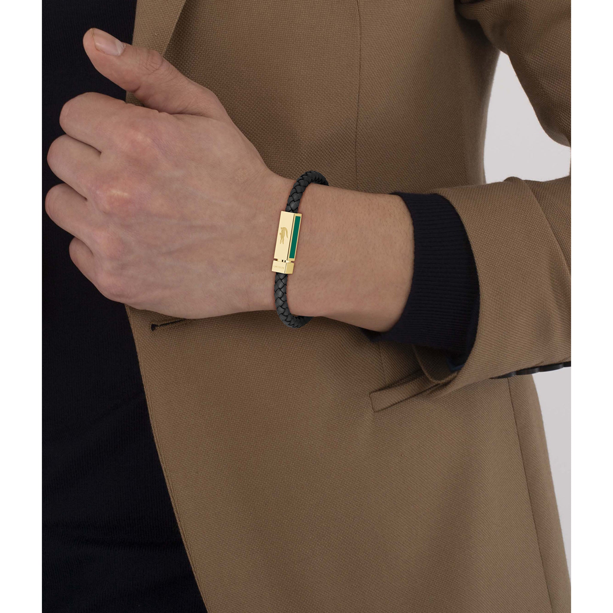 Lacoste Jewellery Gold Steel & Black Leather Men's Bracelet - 2040451