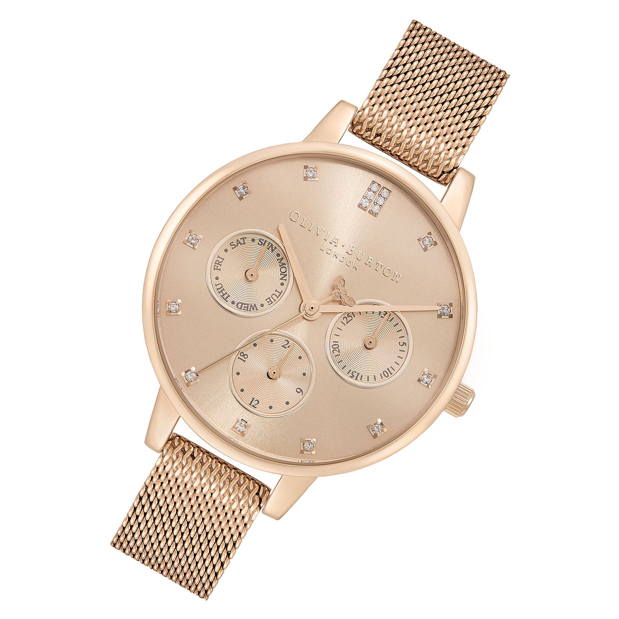 Olivia Burton Steel Mesh Carnation Gold & Stone Dial Multi Function Women's Watch - 24000008