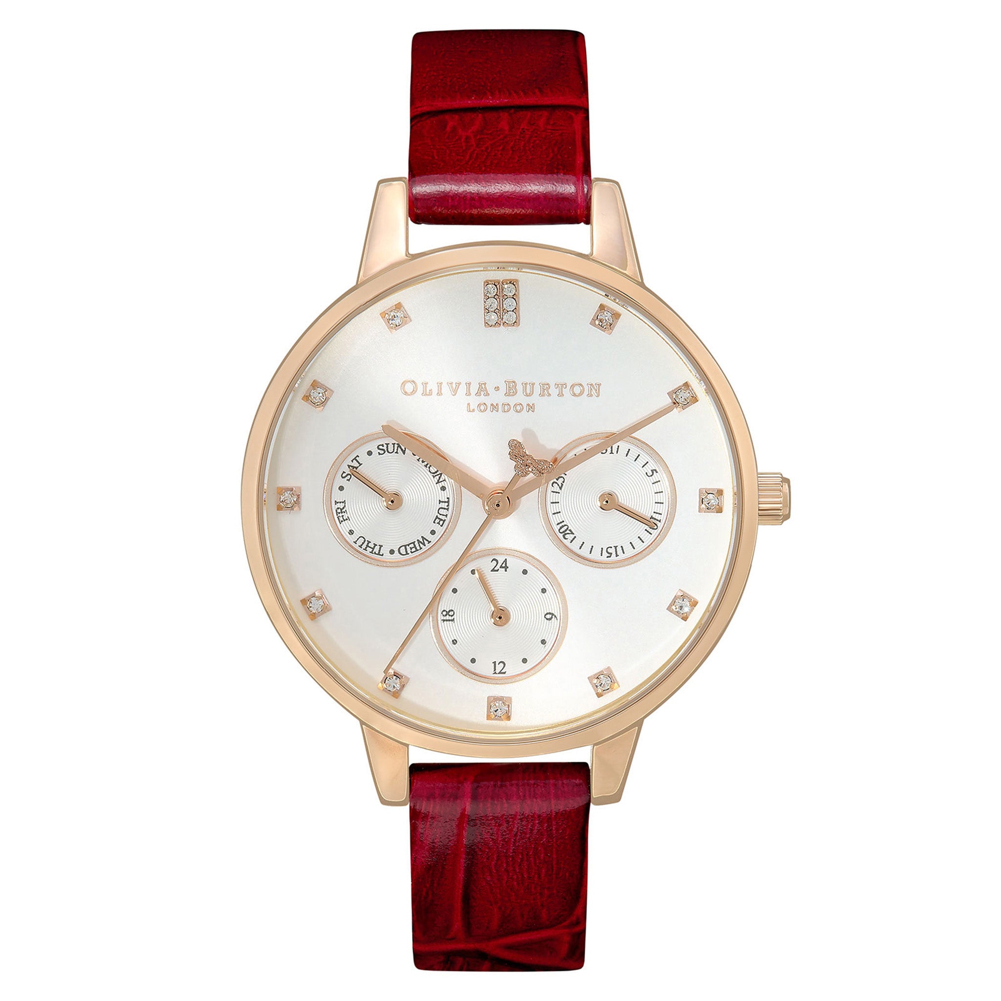 Olivia Burton Burgundy Leather White & Stone Dial Multi Function Women's Watch - 24000009