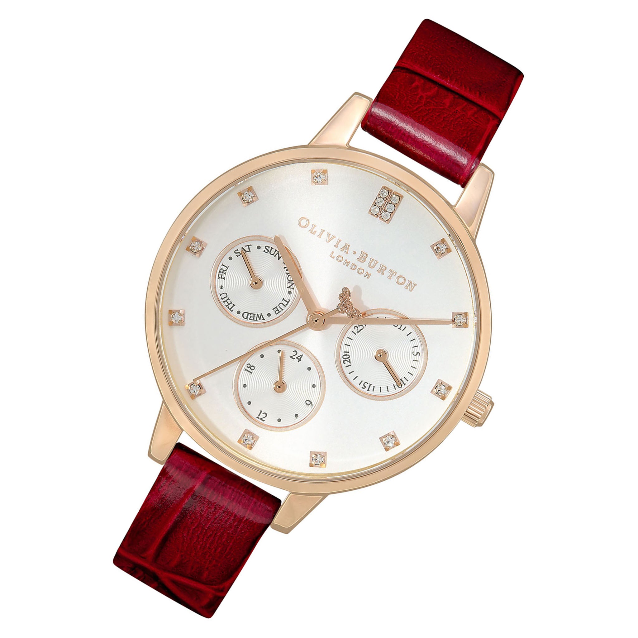 Olivia Burton Burgundy Leather White & Stone Dial Multi Function Women's Watch - 24000009